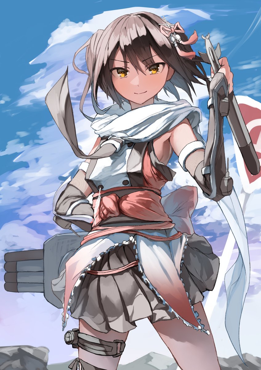 1girl asymmetrical_legwear black_hair black_neckerchief blue_sky brown_eyes buttons clouds cowboy_shot day double-breasted elbow_gloves fingerless_gloves gloves hair_ornament highres holding holding_torpedo kantai_collection looking_at_viewer neckerchief outdoors sannsogyoraikai scarf sendai_(kancolle) short_hair sign single_thighhigh sky smile solo thigh-highs torpedo torpedo_launcher two_side_up uneven_legwear white_scarf