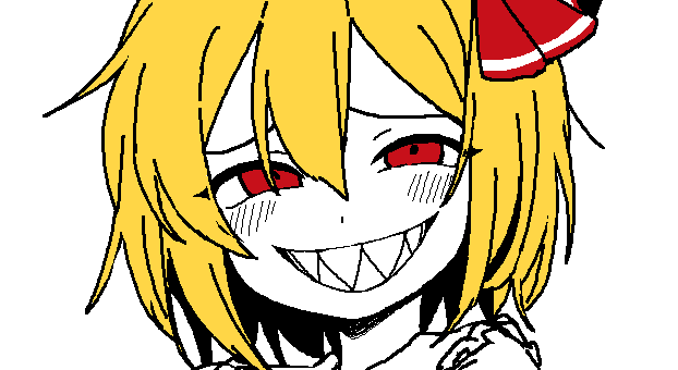 1girl bbyong403 blonde_hair blush grin hair_between_eyes hair_ribbon half-closed_eyes korean_commentary looking_at_viewer portrait red_eyes red_ribbon ribbon rumia sharp_teeth short_hair simple_background smile solo teeth touhou white_background