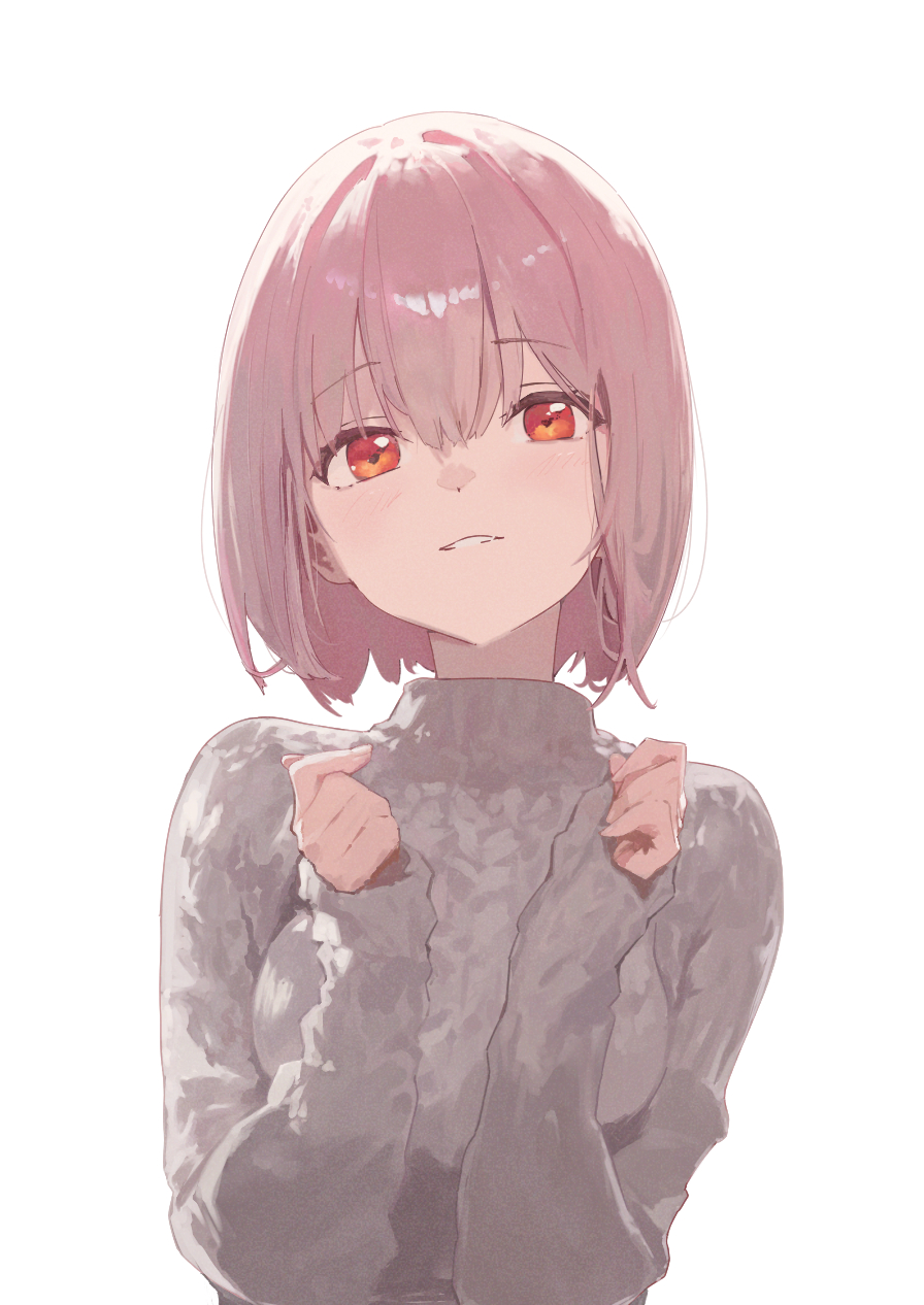1girl breasts dot_nose grey_sweater gridman_universe hair_between_eyes hands_up head_tilt highres kissshotmagia light_blush light_smile long_sleeves looking_at_viewer medium_breasts parted_lips pink_hair red_eyes shinjou_akane short_hair simple_background solo ssss.gridman sweater thick_eyelashes upper_body white_background