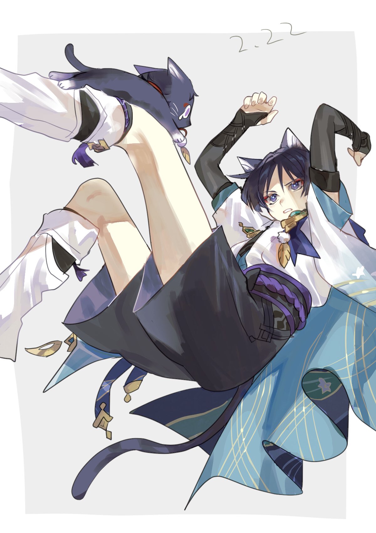 1boy animal_ears arms_up black_bow black_hair black_shorts blue_cape border bow bridal_gauntlets cape cat cat_boy cat_day cat_ears cat_tail choppy_bangs commentary_request dated eyeshadow feet_out_of_frame genshin_impact grey_background hair_between_eyes highres jacket makeup male_focus no_headwear outside_border parted_bangs parted_lips pom_pom_(clothes) purple_sash red_eyeshadow sash scaramouche_(cat)_(genshin_impact) scaramouche_(genshin_impact) short_hair short_sleeves shorts simple_background solo tail talesofmea v-shaped_eyebrows violet_eyes vision_(genshin_impact) wanderer_(genshin_impact) white_border white_jacket wide_sleeves