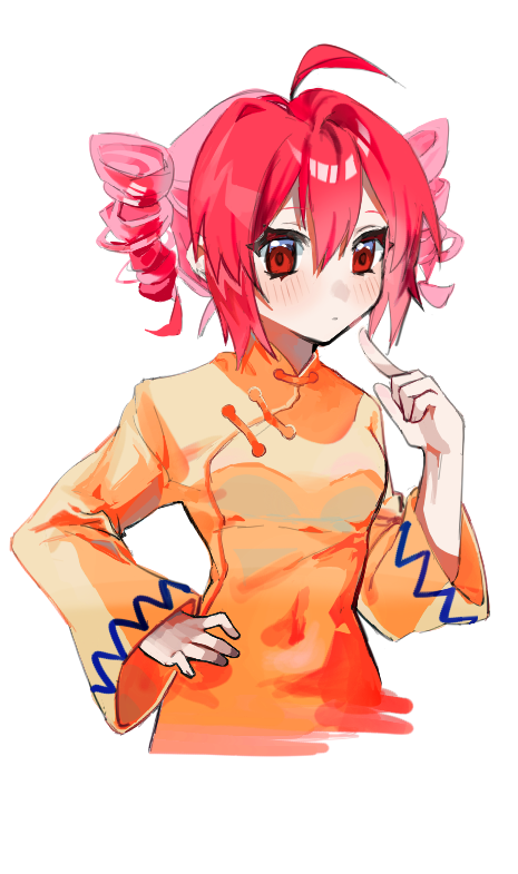 1girl ahoge blush chinese_clothes covered_navel drill_hair elma07 expressionless hand_on_own_hip index_finger_raised kasane_teto long_sleeves looking_at_viewer pink_hair red_eyes solo twin_drills twintails utau