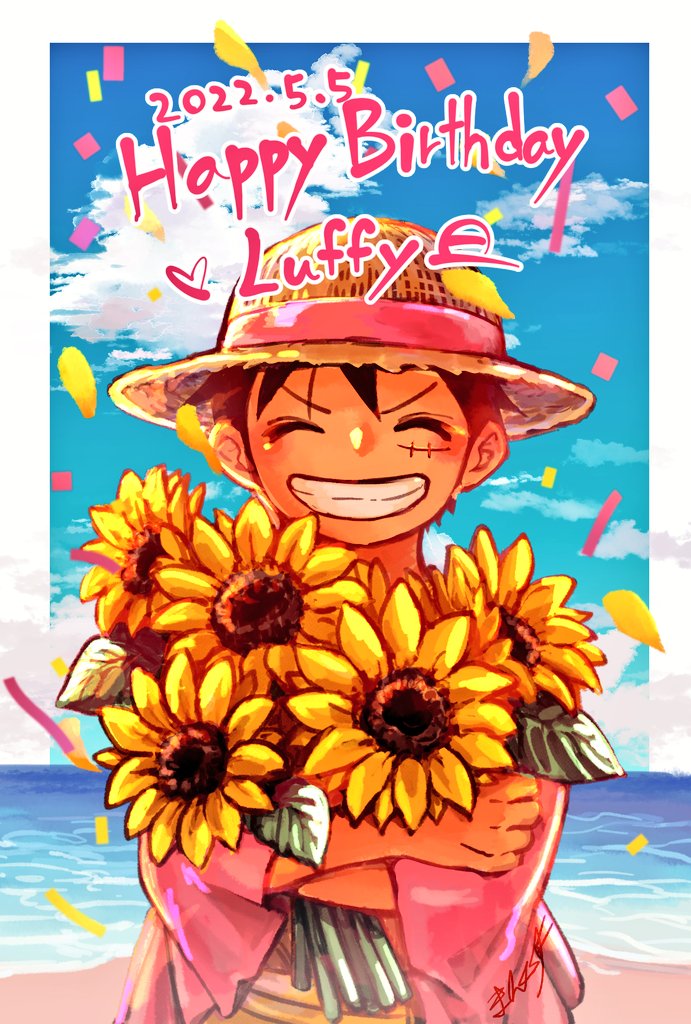 1boy ^_^ bouquet character_name closed_eyes clouds commentary_request confetti dated flower happy_birthday holding holding_bouquet holding_flower magu_pink male_focus monkey_d._luffy ocean one_piece red_shirt sash scar scar_on_face shirt signature sky smile solo sunflower teeth upper_body yellow_sash