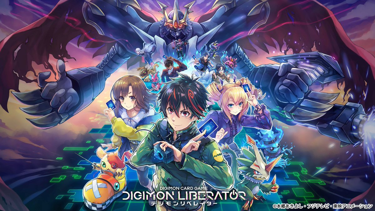 1other 3boys 4girls arm_cannon bemmon bird black_hair blonde_hair blue_eyes blue_fire breasts brown_eyes brown_hair button_eyes buttons card claw_(weapon) coat digimon digimon_card_game digimon_liberator dragon dress drill_hair eye_mask feathers fire ghost ghostmon glasses glowing glowing_eyes green_feathers green_jacket grey_hair holding holding_card horns imperialdramon imperialdramon_fighter_mode_(black) jacket kazama_shoto kinosaki_arisa lab_coat long_hair medium_breasts medium_hair multicolored_hair multiple_boys multiple_girls official_art owen_dreadnought pteromon purple_dress red_eyes red_wings redhead sangomon shoemon single_horn stitched_face stitches streaked_hair sunarizamon thumbs_up trading_card twin_drills twintails two-tone_hair unworn_coat violet_eyes weapon white_hair wings zenith_(digimon)