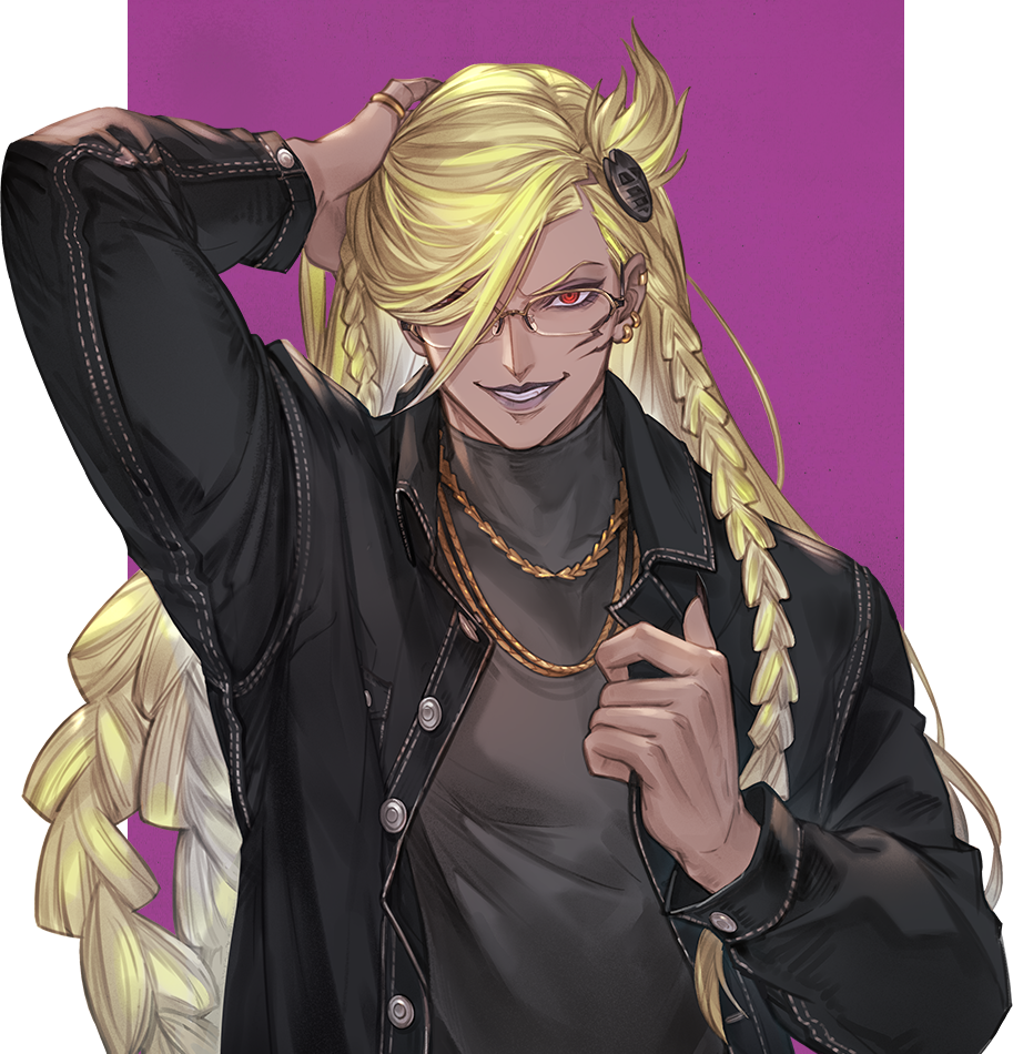 1boy arm_up beelzebub_(granblue_fantasy) bishounen black_jacket blonde_hair braid chain dark_skin denim denim_jacket earrings evil_smile facial_mark glasses gold_chain granblue_fantasy hair_ornament hair_over_one_eye hand_on_own_head holding holding_clothes jacket jewelry lipstick long_hair looking_at_viewer low-braided_long_hair low-tied_long_hair makeup messy_hair minaba_hideo multiple_braids official_art parted_bangs promotional_art purple_background purple_lips red_eyes ring round_eyewear smile smirk transparent_background turtleneck upper_body very_long_hair