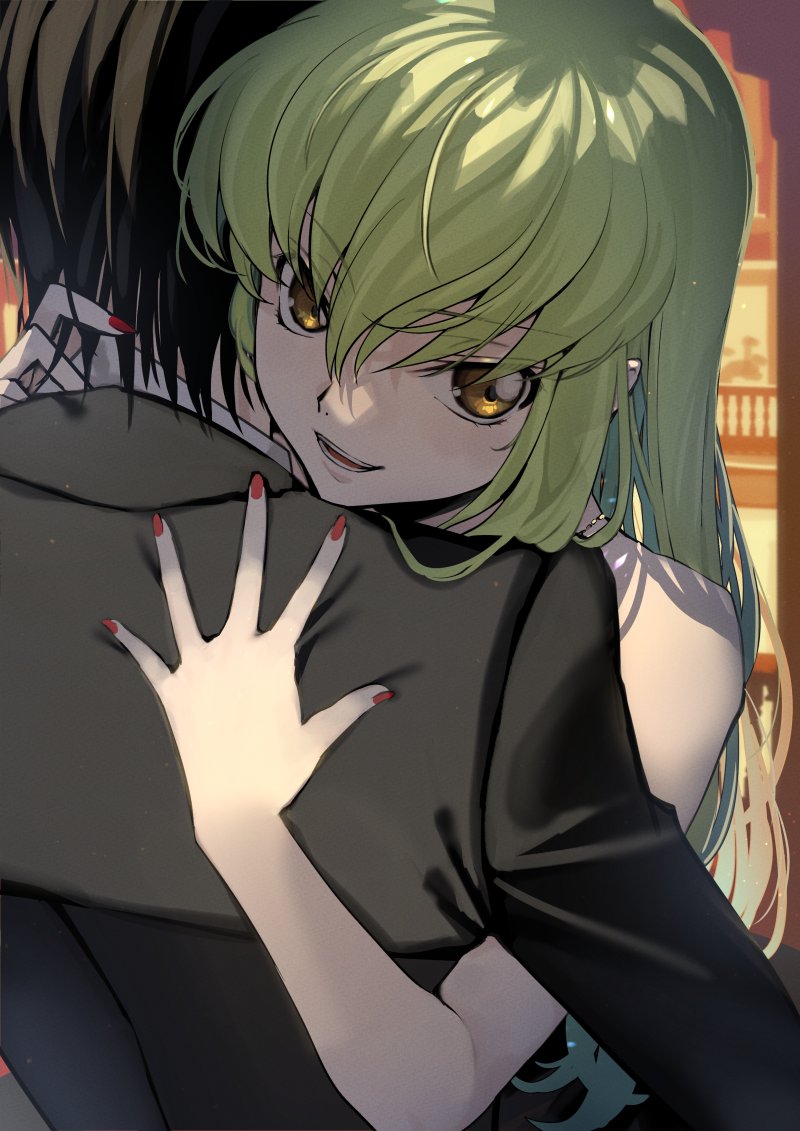 1boy 1girl 2024 :d bare_arms black_hair black_jacket c.c. c.c._day code_geass commentary_request creayus dated_commentary eyes_visible_through_hair from_behind green_hair hair_between_eyes hand_on_another's_neck hetero hug jacket lelouch_vi_britannia long_hair looking_at_viewer nail_polish nose open_mouth red_nails short_hair smile teeth upper_body v-shaped_eyebrows very_long_hair yellow_eyes