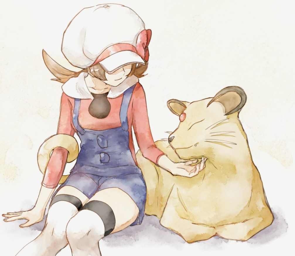 1girl asuka_rkgk blue_overalls brown_hair cat closed_eyes closed_mouth fang forehead_jewel lyra_(pokemon) medium_hair overalls persian_(pokemon) pokemon pokemon_(creature) pokemon_hgss simple_background sitting tail whiskers white_background white_hat