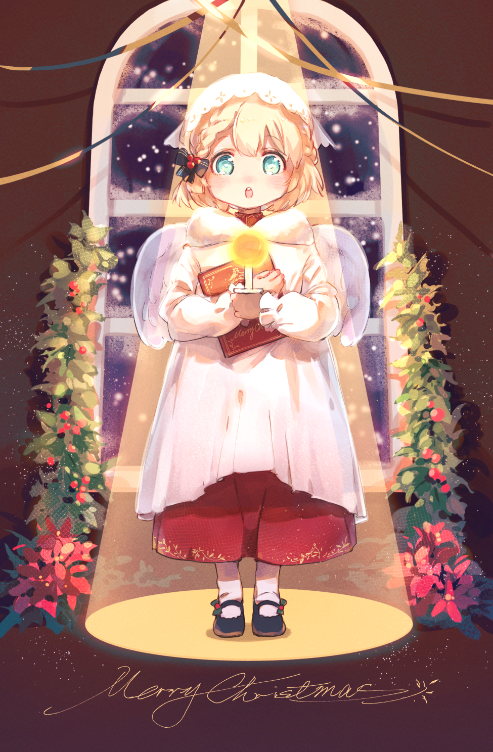 1girl :o aged_down altar angel_wings black_footwear blonde_hair blue_eyes brown_background candle christmas dress english_text feathered_wings full_body fur-trimmed_collar fur_trim g36_(girls'_frontline) g36_(mini_maid)_(girls'_frontline) girls_frontline hair_ribbon head_scarf highres imoko_(imonatsuki) long_sleeves maid_headdress mary_janes merry_christmas mistletoe red_skirt ribbon robe shoes skirt snowing solo spotlight standing upper_body white_dress white_hat window wings