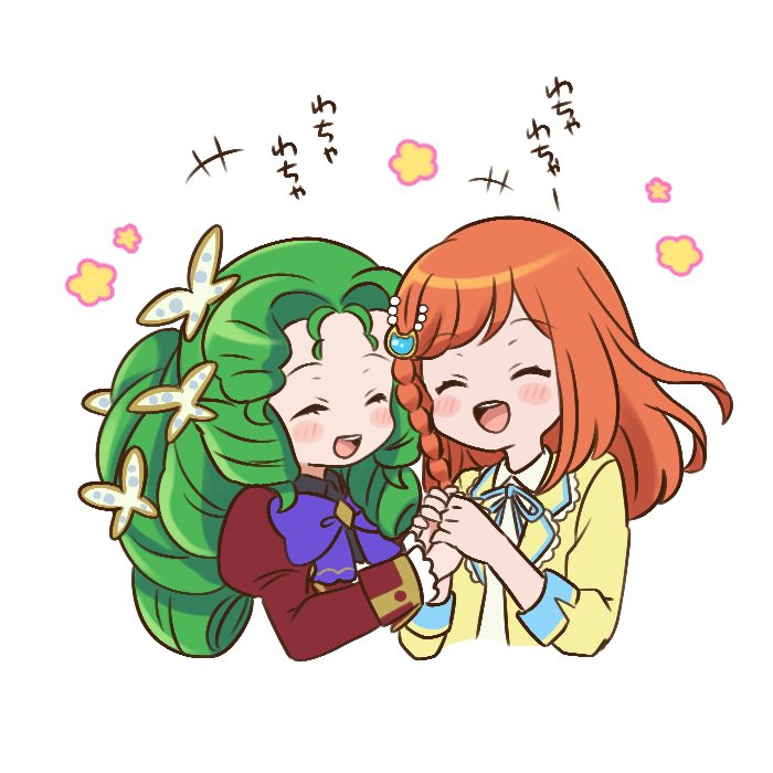 2girls :d ^_^ braid butterfly_hair_ornament cat_hair_ornament chii_(chi_pppuri) closed_eyes commentary_request cropped_torso drill_hair facing_viewer green_hair hair_ornament hanayashiki_midoriko hibino_matsuri holding_hands jacket juliet_sleeves long_hair long_sleeves multiple_girls open_mouth orange_hair parted_bangs pretty_series puffy_sleeves side_braid smile translation_request upper_body waccha_primagi! white_background yellow_jacket