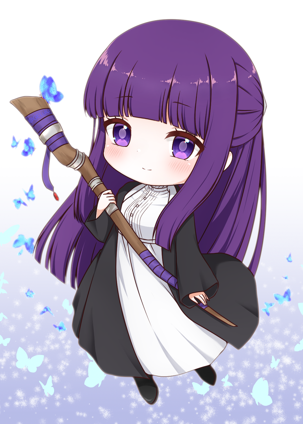 1girl black_robe blue_butterfly blunt_bangs blunt_ends blush bright_pupils bug butterfly closed_mouth commentary dress fern_(sousou_no_frieren) gelulu half_updo highres holding holding_staff long_hair long_sleeves mage_staff purple_hair purple_pupils robe sidelocks simple_background smile solo sousou_no_frieren split_mouth staff standing straight_hair very_long_hair violet_eyes white_background white_dress wide_sleeves