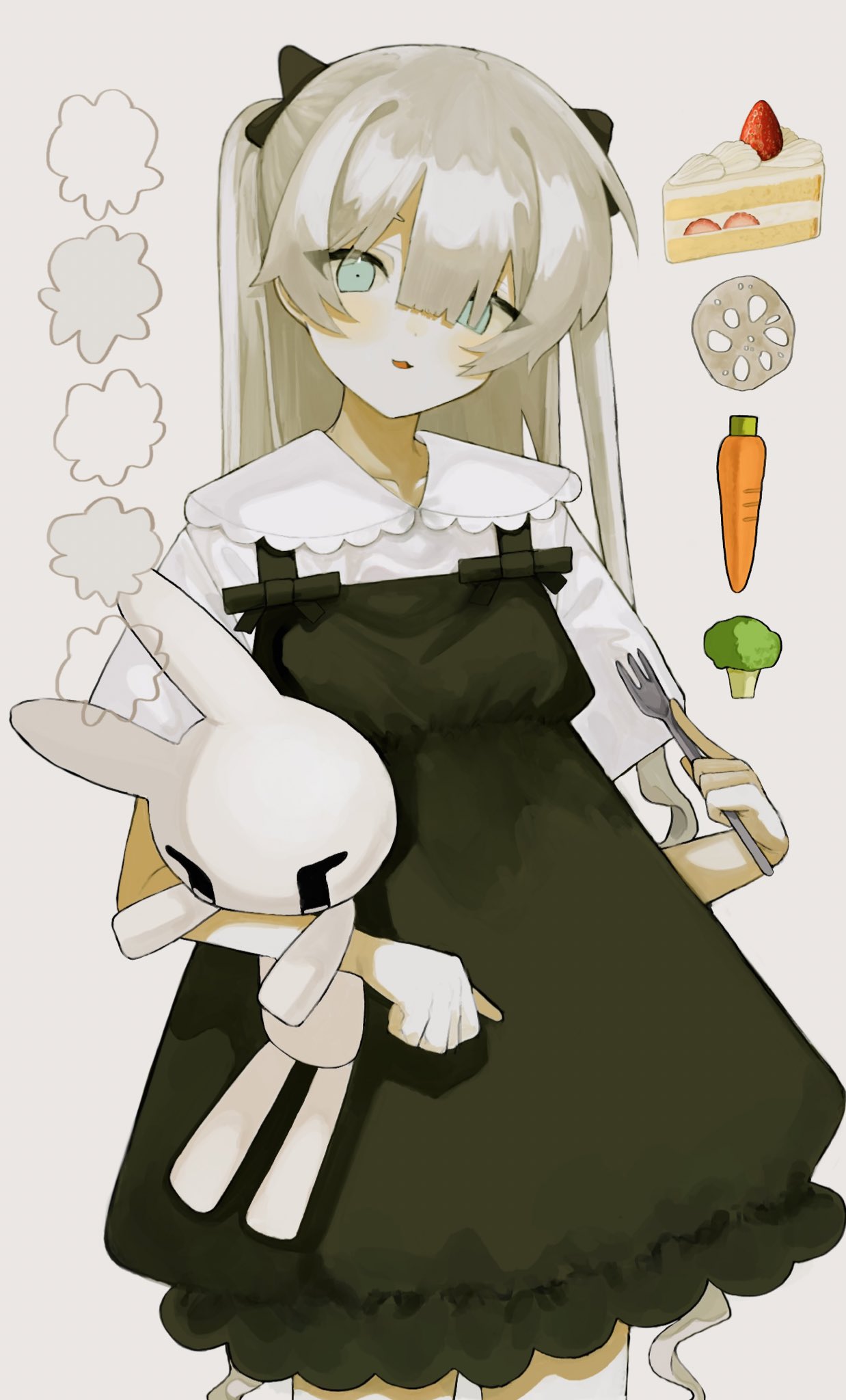 1girl black_bow blonde_hair bow broccoli cake cake_slice carrot cowboy_shot dress food fork green_eyes hair_bow highres hiro_016016 holding holding_fork holding_stuffed_toy long_bangs long_hair looking_at_viewer lotus_root original short_sleeves solo standing strawberry_cake stuffed_animal stuffed_rabbit stuffed_toy