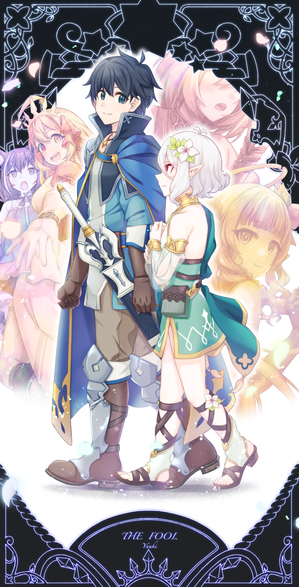 1boy 5girls :d ahoge altheavin ameth_(princess_connect!) animal_ear_fluff animal_ears antenna_hair armor backless_dress backless_outfit bare_shoulders black_hair blue_cape blunt_bangs boots border breasts brown_footwear brown_gloves brown_pants cape cat_ears cat_girl character_name closed_mouth commentary detached_sleeves dress drill_hair drill_sidelocks elbow_gloves elf english_text eye_contact fang flower gloves green_dress green_eyes green_shirt hair_between_eyes hair_flower hair_ornament hair_ribbon halo highres jewelry karyl_(princess_connect!) kokkoro_(princess_connect!) large_breasts long_hair looking_at_another looking_at_viewer looking_back multicolored_hair multiple_girls multiple_monochrome necklace ornate_border pants pauldrons pecorine_(princess_connect!) pink_eyes pointy_ears princess_connect! puffy_short_sleeves puffy_sleeves ribbon shirt short_hair short_sleeves shoulder_armor side_slit sidelocks sleeveless sleeveless_dress smile star_(symbol) streaked_hair tarot tarot_(medium) teeth the_fool_(tarot) tiara two-tone_dress upper_teeth_only walking white_dress white_flower white_hair yui_(princess_connect!) yuuki_(princess_connect!)