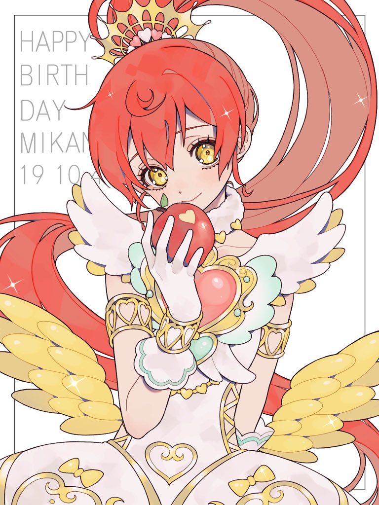 1girl ao_(ao0_0nemu) apple armlet bad_id bad_twitter_id bare_shoulders character_name commentary_request dress feathered_wings food fruit gold_trim hand_up happy_birthday holding holding_food idol_clothes long_hair looking_at_viewer low_wings ponytail pretty_series pripara red_apple redhead shiratama_mikan smile solo standing very_long_hair white_background white_dress wings wrist_cuffs yellow_eyes yellow_wings