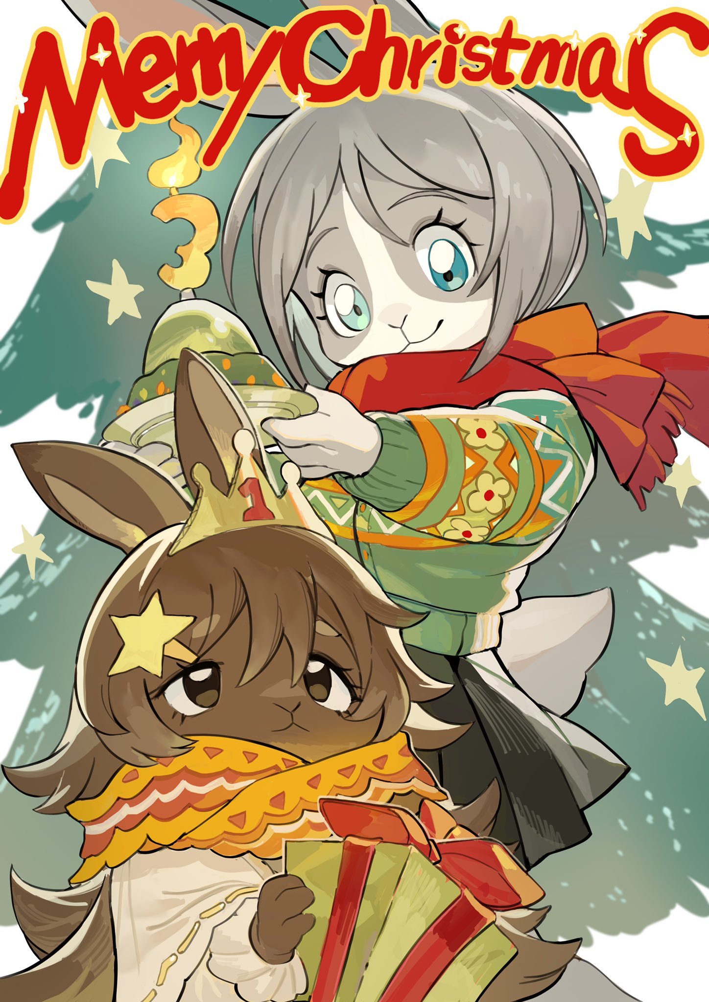 2girls :&lt; animal_ears black_eyes black_hair black_skirt blue_eyes box candle capelet chinese_commentary christmas christmas_tree gift gift_box green_sweater grey_hair hair_ornament highres holding holding_gift long_hair looking_down looking_up magiace merry_christmas multiple_girls original paper_crown plate rabbit_ears rabbit_girl rabbit_tail red_scarf scarf skirt star_(symbol) star_hair_ornament sweater tail white_capelet
