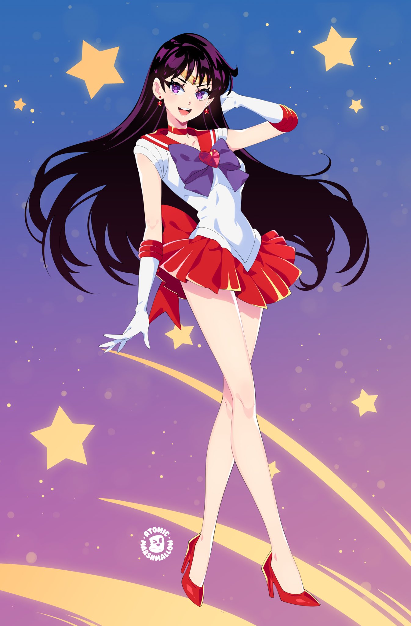1girl atomicmrshmallw back_bow bishoujo_senshi_sailor_moon black_hair bow bowtie choker circlet earrings elbow_gloves gloves high_heels highres jewelry long_hair looking_at_viewer magical_girl open_mouth purple_bow purple_bowtie red_footwear red_sailor_collar red_skirt sailor_collar sailor_mars sailor_senshi_uniform skirt smile solo violet_eyes white_gloves