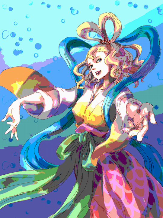1girl arms_up blonde_hair bubble english_commentary hagoromo hair_bun hair_ornament japanese_clothes kimono looking_at_viewer nadamon obi one_piece otohime_(one_piece) sash shawl smile solo wide_sleeves