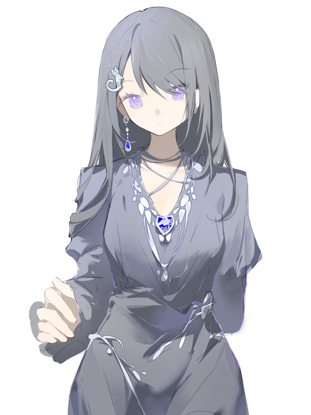 1girl bang_dream! bang_dream!_it's_mygo!!!!! black_dress black_hair blue_brooch cat_hair_ornament chaoyu114514 closed_mouth commentary dress earrings hair_ornament highres jewelry long_hair long_sleeves looking_at_viewer mole mole_under_eye shiina_taki simple_background solo violet_eyes white_background