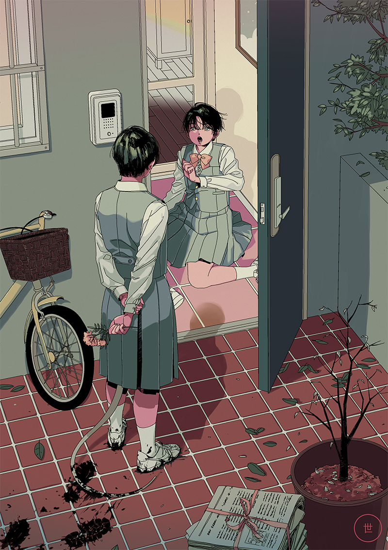 2girls arm_up arms_behind_back bicycle black_eyes black_hair blood_on_ground bow collared_shirt doorbell doppelganger flower from_behind full_body grey_skirt grey_vest holding holding_flower horror_(theme) kneehighs leaf looking_at_another multiple_girls on_floor open_door open_mouth original pink_bow plant potted_plant school_uniform sen_46 shirt shoes short_hair sitting skirt sneakers socks surprised tail tile_floor tiles vest white_footwear white_shirt wide-eyed