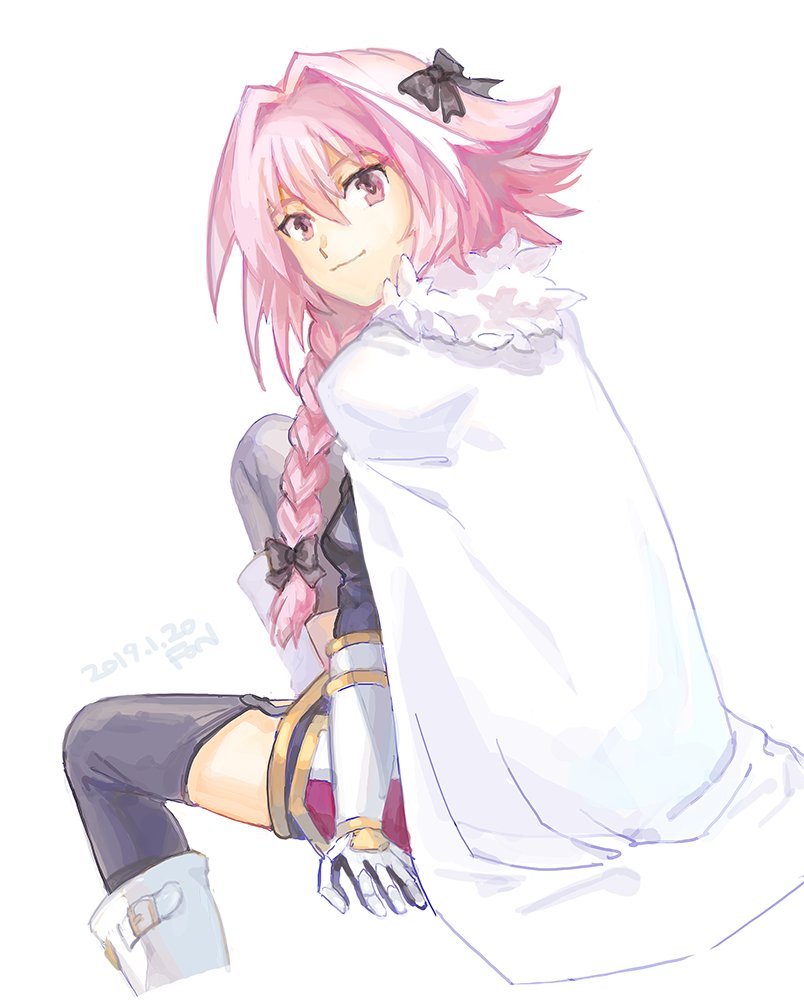 1boy astolfo_(fate) black_bow black_thighhighs bow braid cape closed_mouth cropped_legs dated fate/apocrypha fate_(series) fon-due_(fonfon) hair_between_eyes invisible_chair long_hair looking_at_viewer looking_back male_focus otoko_no_ko pink_eyes pink_hair signature sitting smile solo thigh-highs white_cape white_footwear