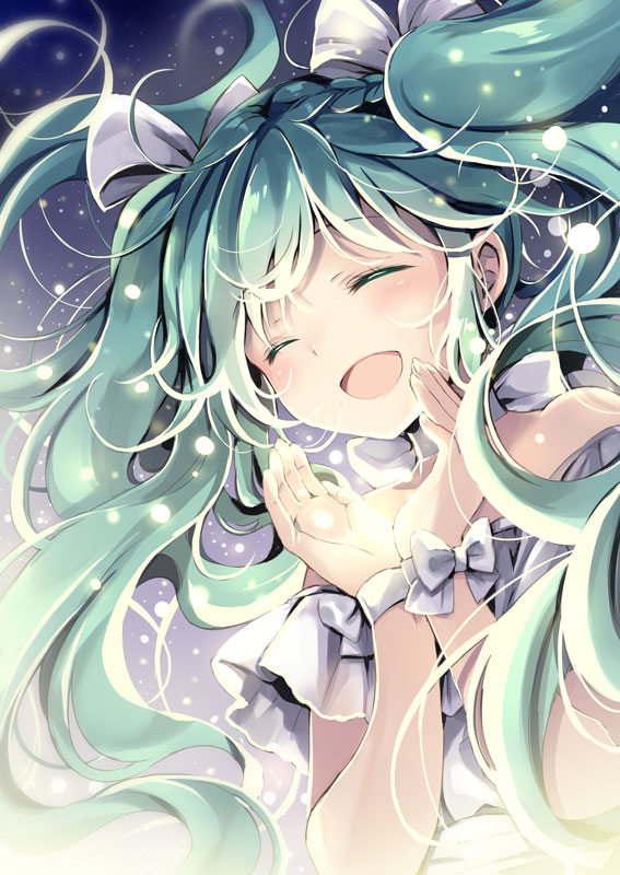 anniversary aqua_hair bdsm blush bound bound_wrists bow dress dutch_angle frilled_dress frills hair_bow hair_ornament happy hatsune_miku light long_hair messy_hair natsume_eri open_mouth own_hands_together smile solo twintails upper_body vocaloid white_bow white_dress