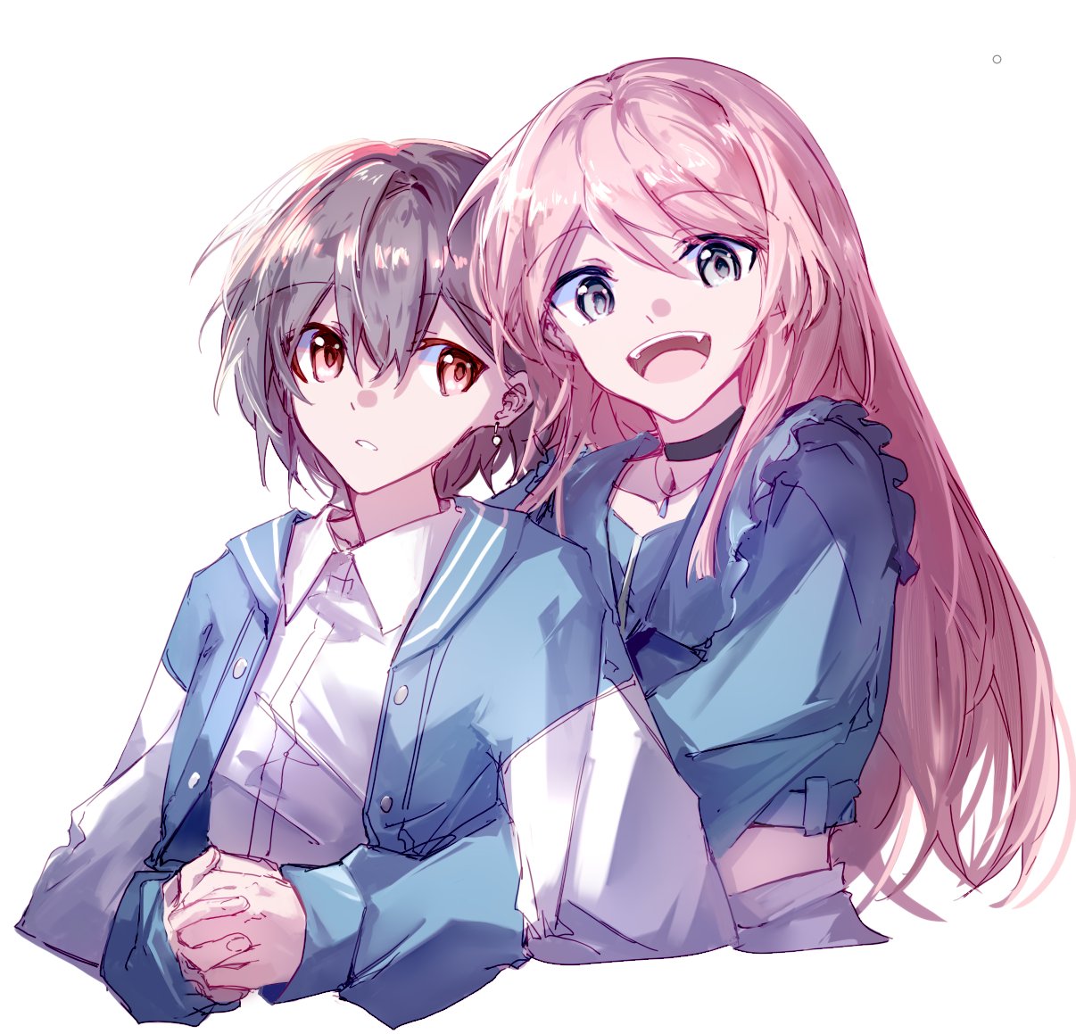 2girls bang_dream! bang_dream!_it's_mygo!!!!! blue_jacket brown_eyes chihaya_anon collared_shirt cropped_jacket cropped_torso dress_shirt earrings grey_eyes grey_hair hair_between_eyes hibioes hug hug_from_behind jacket jewelry long_hair looking_at_viewer midriff multiple_girls open_mouth own_hands_clasped own_hands_together parted_lips pink_hair shadow shirt short_hair simple_background takamatsu_tomori teeth upper_body upper_teeth_only white_background white_shirt white_sleeves yuri