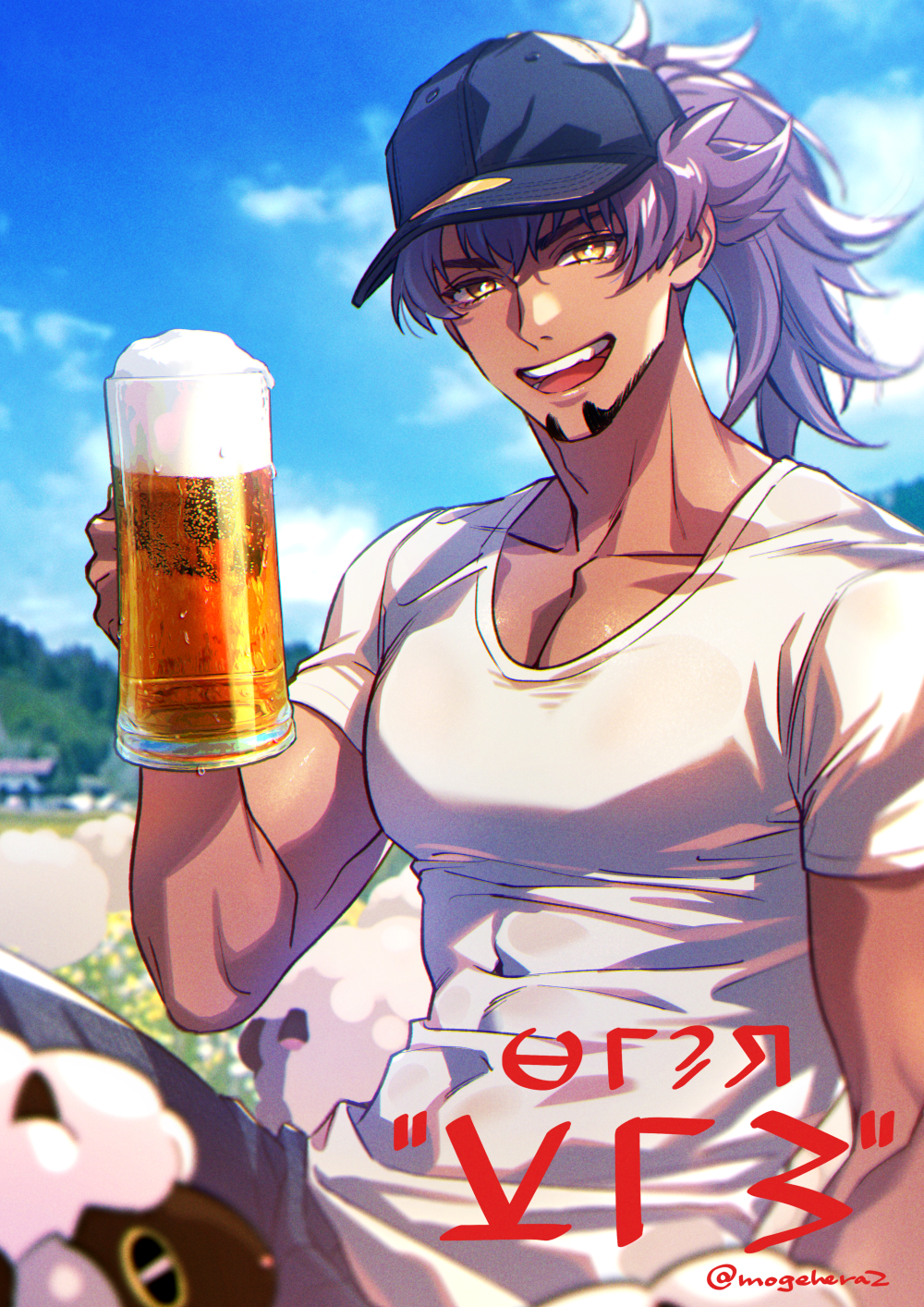 1boy alcohol baseball_cap beer beer_mug black_hat blue_sky collarbone cup facial_hair foam goatee hat highres holding holding_cup leon_(pokemon) long_hair looking_at_viewer male_focus messy_hair moge-hera mug open_mouth outdoors pectorals pokemon pokemon_(creature) purple_hair shirt short_sleeves sky teeth toned toned_male twitter_username upper_teeth_only white_shirt wooloo yellow_eyes