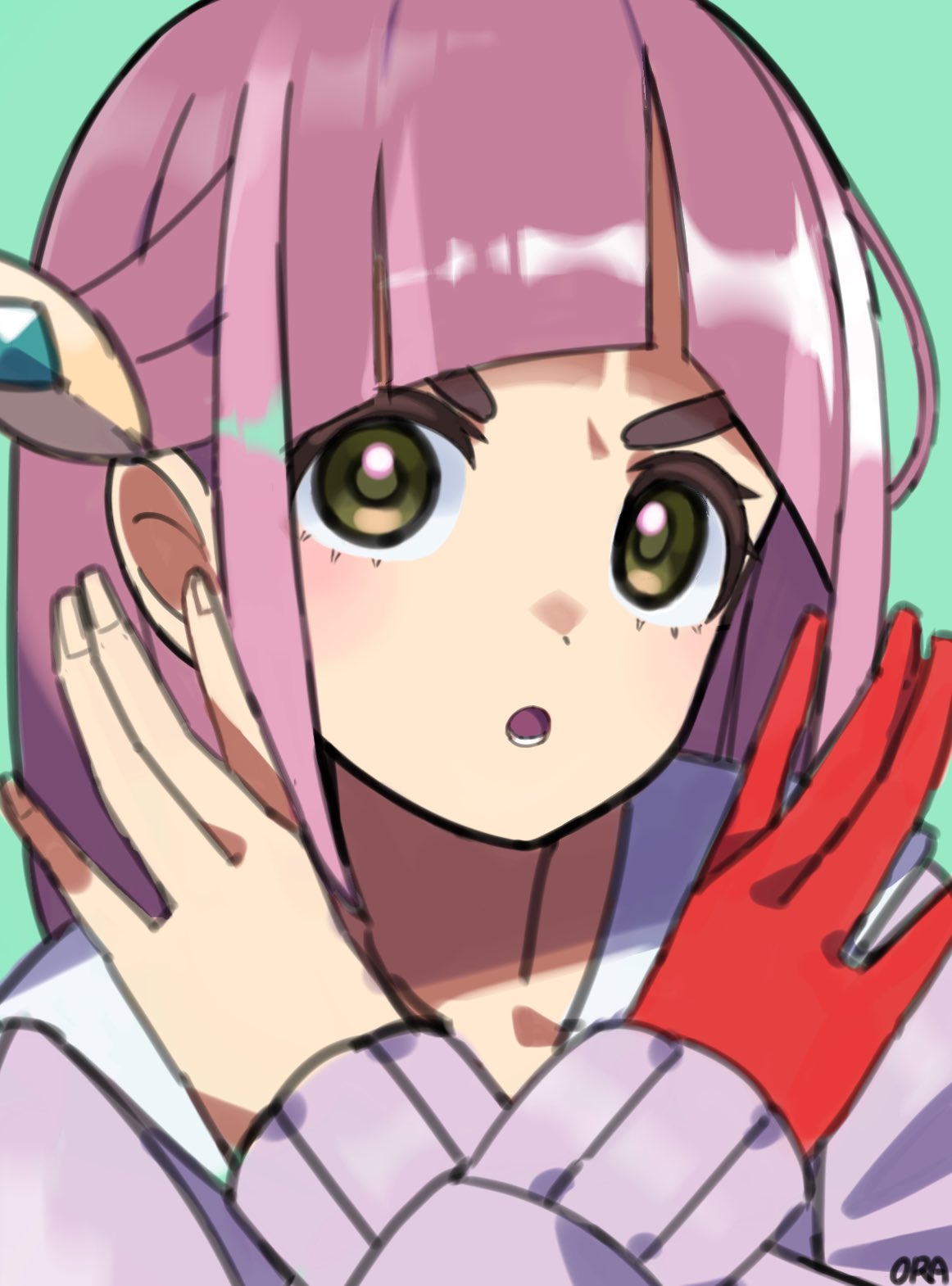 1girl :o arched_bangs artist_name cardigan eyelashes gloves green_background hair_ornament hairclip hands_up highres lacey_(pokemon) long_sleeves lower_teeth_only open_mouth ora_(oraora_oekaki) pokemon pokemon_sv red_gloves shirt simple_background single_glove solo teeth x_arms