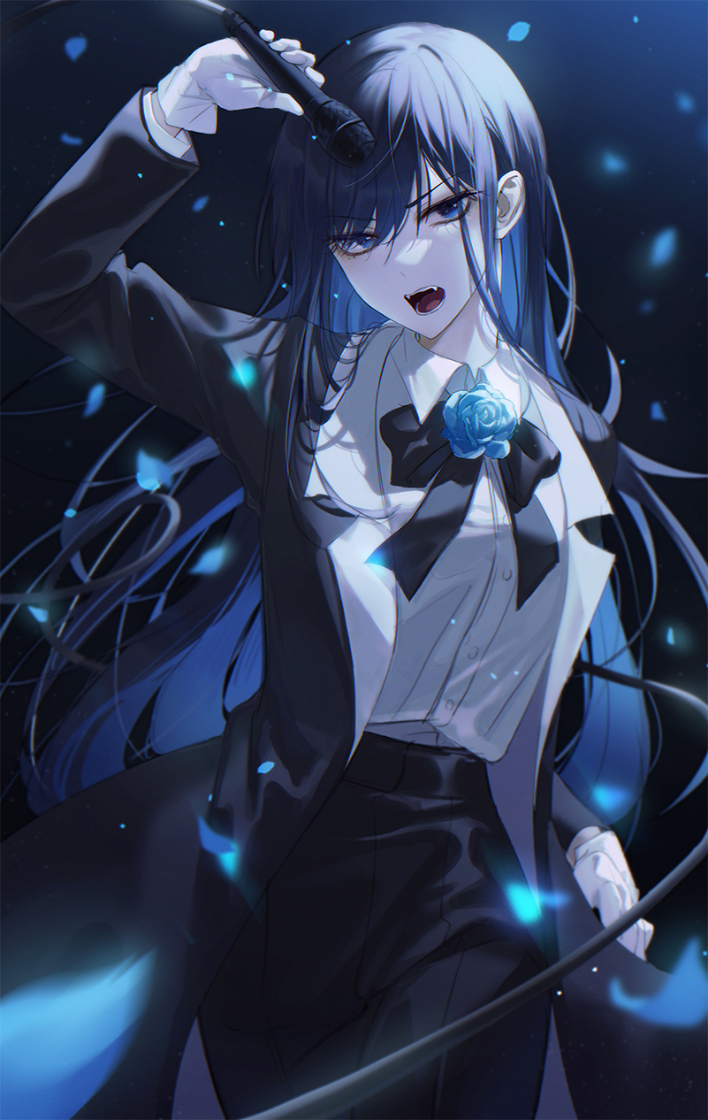 1girl ado_(utaite) arm_up black_bow black_bowtie black_coat black_hair black_pants blue_eyes blue_flower blue_hair blue_rose bow bowtie breasts chando_(ado) cloud_nine_inc coat collared_shirt colored_inner_hair cowboy_shot dress_shirt english_commentary falling_petals fangs flower flower_brooch gloves highres holding holding_microphone kani_(kkk_kani) long_hair long_sleeves looking_at_viewer microphone mole mole_under_eye multicolored_hair open_clothes open_coat open_mouth pants petals rose shirt sidelocks small_breasts solo teeth two-tone_hair utaite very_long_hair white_gloves white_shirt wire