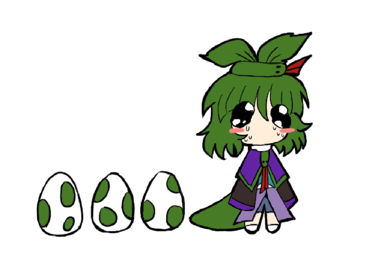 1other adagumo_no_saragimaru androgynous black_sleeves blue_shorts blush_stickers capelet chibi chibi_only egg green_skirt green_trim gzpxllztt hair_ornament len'en long_sleeves medium_hair nervous_sweating no_mouth no_nose other_focus purple_capelet shorts simple_background skirt sleeves_past_fingers sleeves_past_wrists snake_hair_ornament snake_tail solo split_ponytail sweat tail white_background