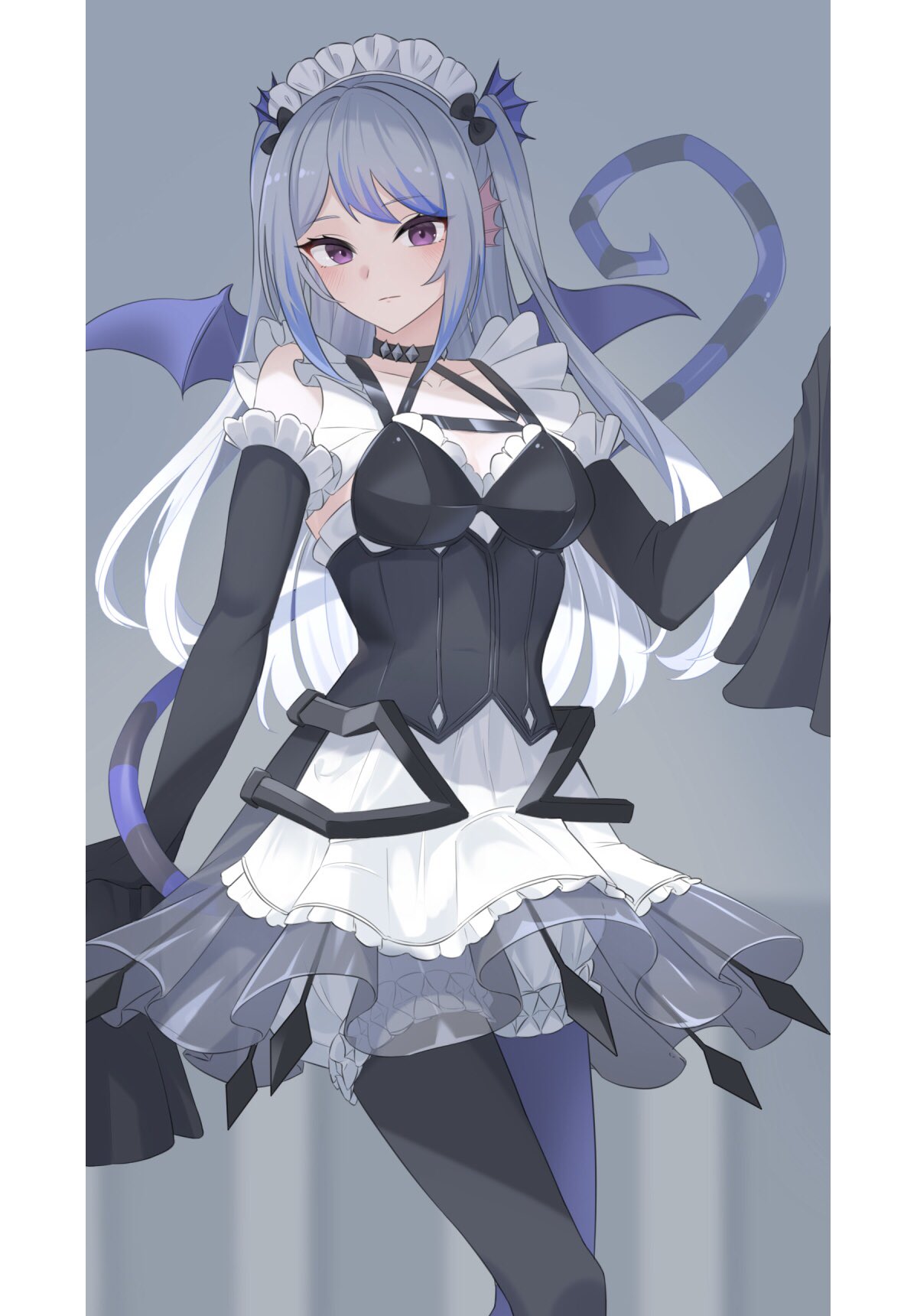 1girl arianna_the_labrynth_servant arianna_the_labrynth_servant_(cosplay) blue_hair choker cosplay demon_tail demon_wings detached_sleeves dress duel_monster frilled_thighhighs frills grey_hair harness heichi highres long_hair maid maid_headdress sleeves_past_fingers sleeves_past_wrists solo tail tearlaments_scheiren thigh-highs violet_eyes wings yu-gi-oh!