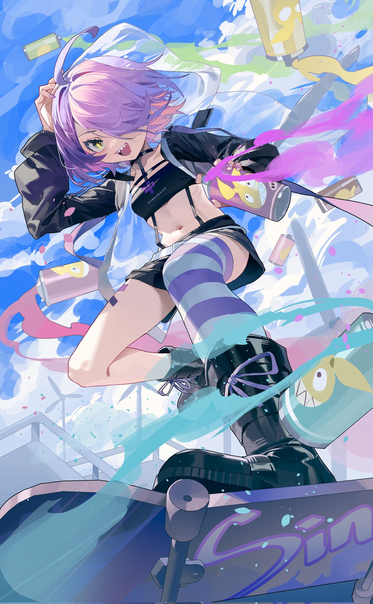 1girl :d ahoge benghuai_xueyuan black_footwear black_jacket black_shorts black_tube_top blue_sky boots clouds cloudy_sky dress full_body hair_over_one_eye highres holding homu_(honkai_impact) honkai_(series) jacket looking_at_viewer multicolored_hair open_clothes open_jacket open_mouth outdoors pink_hair purple_dress purple_thighhighs sharp_teeth shorts sin_mal sin_mal0909 single_thighhigh skateboard sky smile solo standing standing_on_one_leg strapless striped_clothes striped_thighhighs teeth thigh-highs tube_top two-tone_hair white_thighhighs yellow_eyes