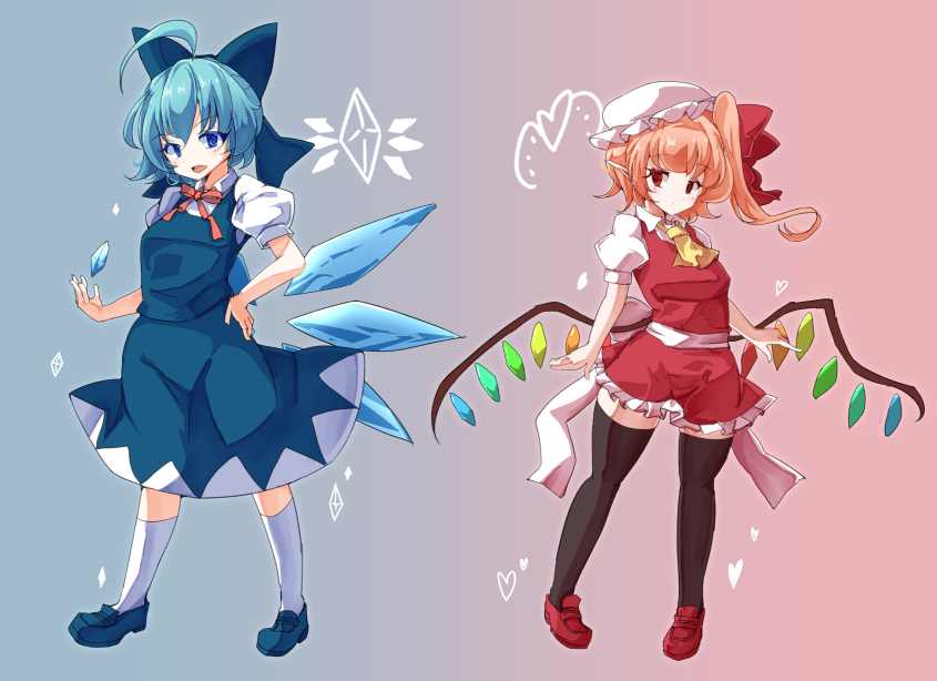 2girls ahoge black_thighhighs blue_bow blue_dress blue_eyes blue_footwear bow cirno commentary_request crystal_wings detached_wings dress flandre_scarlet frilled_skirt frills full_body gradient_background hair_bow hat ice ice_wings jyaoh0731 looking_at_viewer medium_hair mob_cap multiple_girls one_side_up pointy_ears red_eyes red_footwear red_skirt red_vest shirt skirt thigh-highs touhou vest white_shirt wings