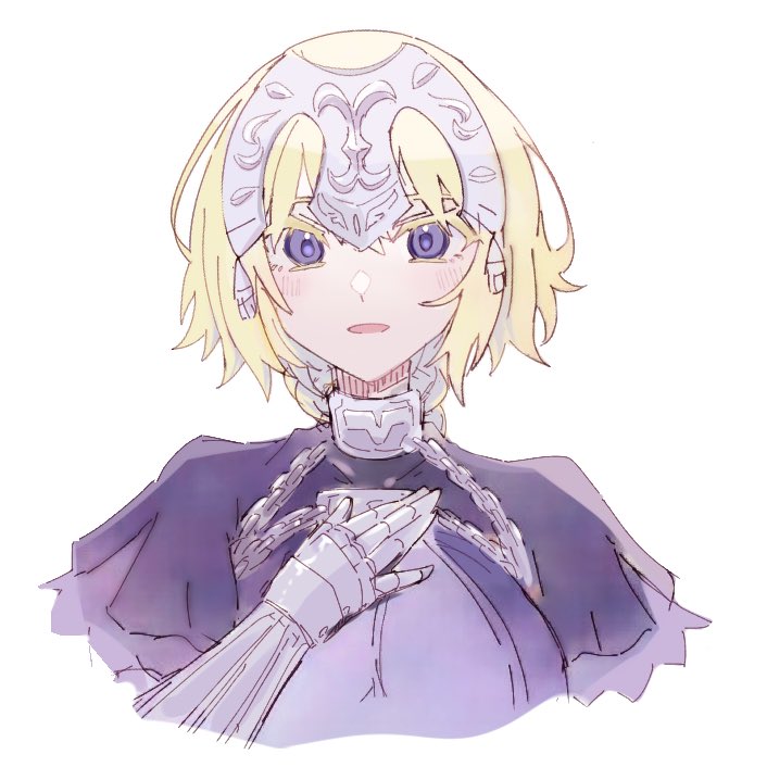 1girl akuterasu blonde_hair blue_eyes blush capelet chain collar fate/grand_order fate_(series) gauntlets headpiece jeanne_d'arc_(fate) jeanne_d'arc_(ruler)_(fate) looking_at_viewer metal_collar purple_capelet simple_background smile solo white_background