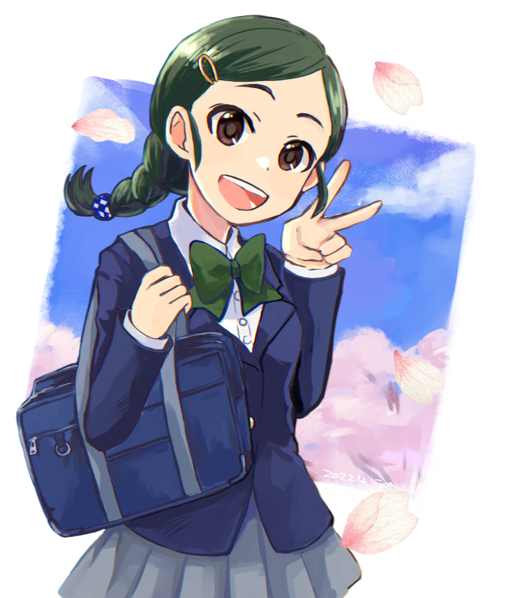 1girl bag blue_jacket blue_sky blush bow bowtie braid breasts brown_eyes cherry_blossoms clouds dated dot_nose falling_petals green_bow green_bowtie green_hair grey_skirt hair_ornament hair_tie hairclip hands_up holding_strap idolmaster idolmaster_cinderella_girls idolmaster_cinderella_girls_starlight_stage jacket long_hair long_sleeves looking_at_viewer open_mouth petals pleated_skirt school_bag school_uniform shirt shuto_aoi skirt sky small_breasts smile solo tanakamiso teeth upper_teeth_only v white_shirt