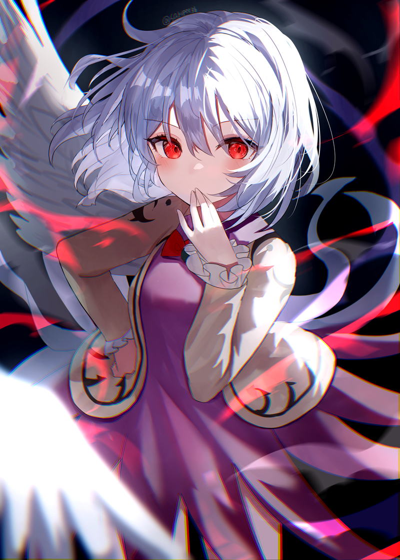 1girl blush bow dress feathered_wings frilled_sleeves frills glowing glowing_eyes grey_hair hand_on_own_hip jacket kishin_sagume long_sleeves looking_at_viewer open_clothes open_jacket purple_dress red_eyes sakizaki_saki-p short_hair single_wing solo touhou white_hair white_wings wings