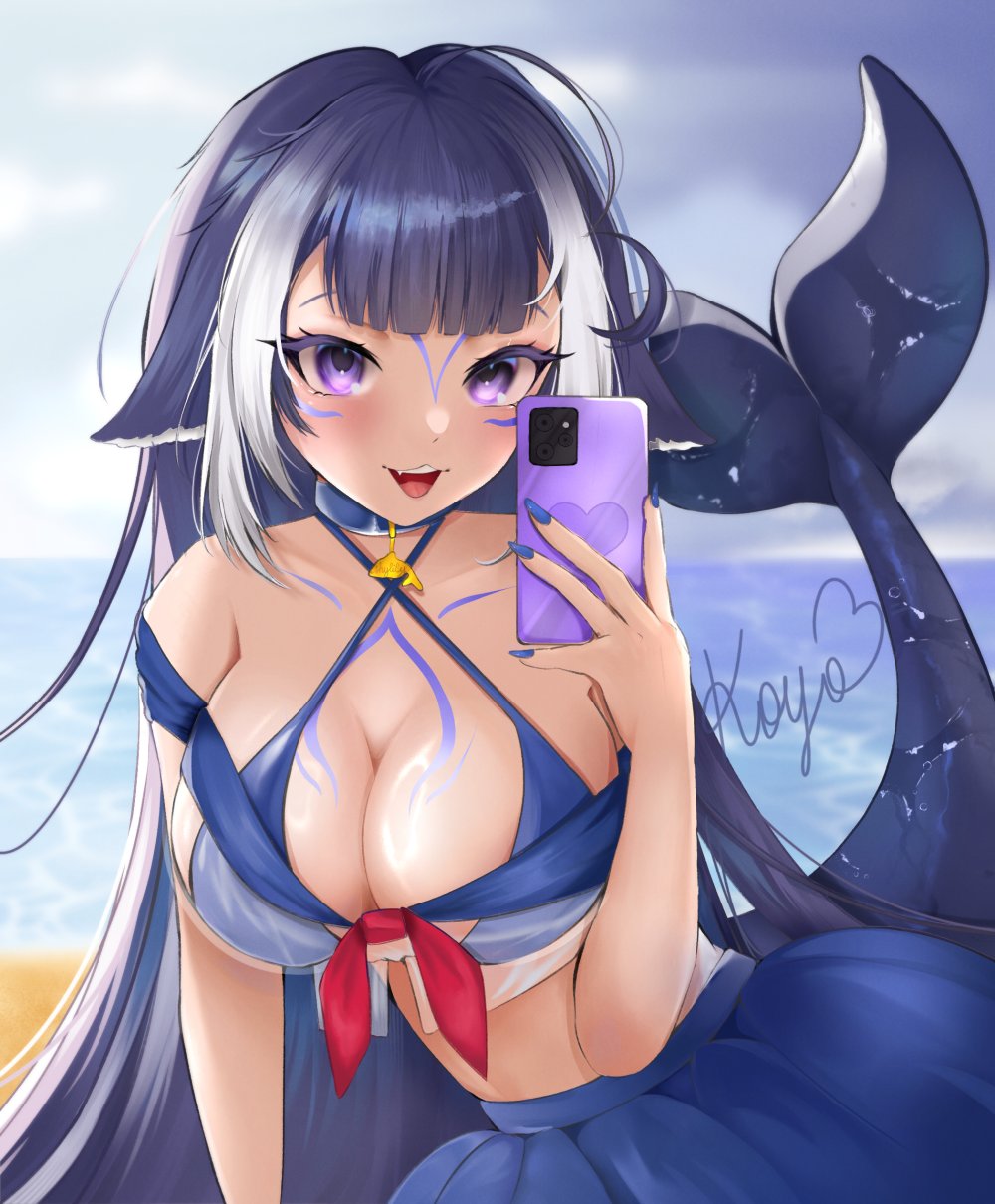1girl animal_ears black_hair blue_collar breasts cetacean_tail chest_markings collar facial_tattoo fins fish_tail highres indie_virtual_youtuber koyonee long_hair looking_at_viewer orca_girl shylily shylily_(bikini) smile swimsuit tail tattoo violet_eyes virtual_youtuber white_hair