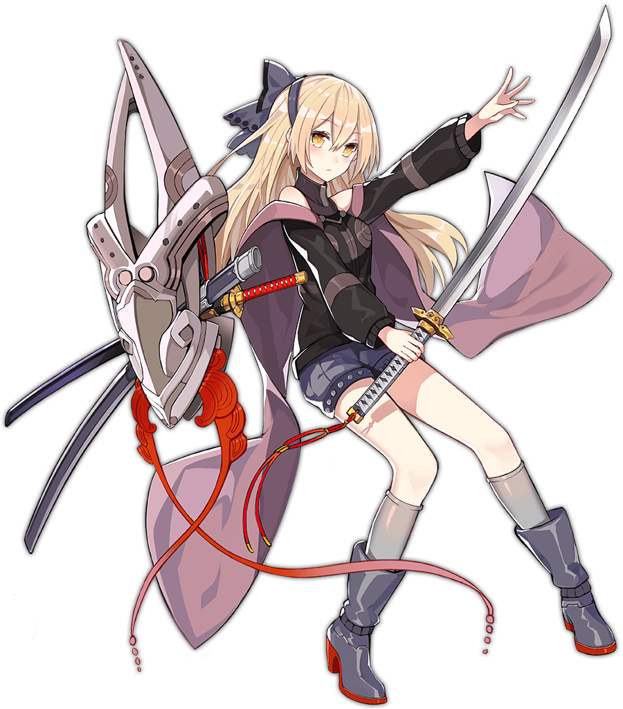 1girl arahabaki_(ark_order) ark_order artist_request bare_shoulders black_gloves black_shirt blonde_hair blue_bow boots bow breasts cape clothing_cutout fingerless_gloves full_body gloves grey_footwear grey_pantyhose grey_shorts grey_socks hair_bow holding holding_shield holding_weapon katana long_hair long_sleeves official_art pantyhose purple_cape sheath sheathed shield shirt shorts shoulder_cutout sidelocks socks solo sword tachi-e transparent_background unsheathed weapon yellow_eyes
