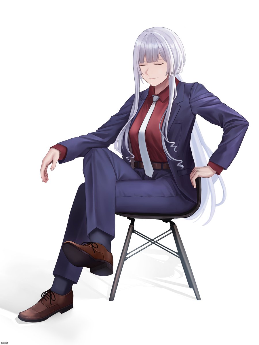 1girl ak-12_(girls'_frontline) ak-12_(lucia)_(girls'_frontline) black_jacket black_pants brown_footwear business_suit chair closed_eyes closed_mouth cozie178 crossed_legs full_body girls_frontline highres jacket long_hair necktie official_alternate_costume pants ponytail red_shirt shirt shoes sidelocks simple_background sitting smile solo suit white_background white_hair white_necktie