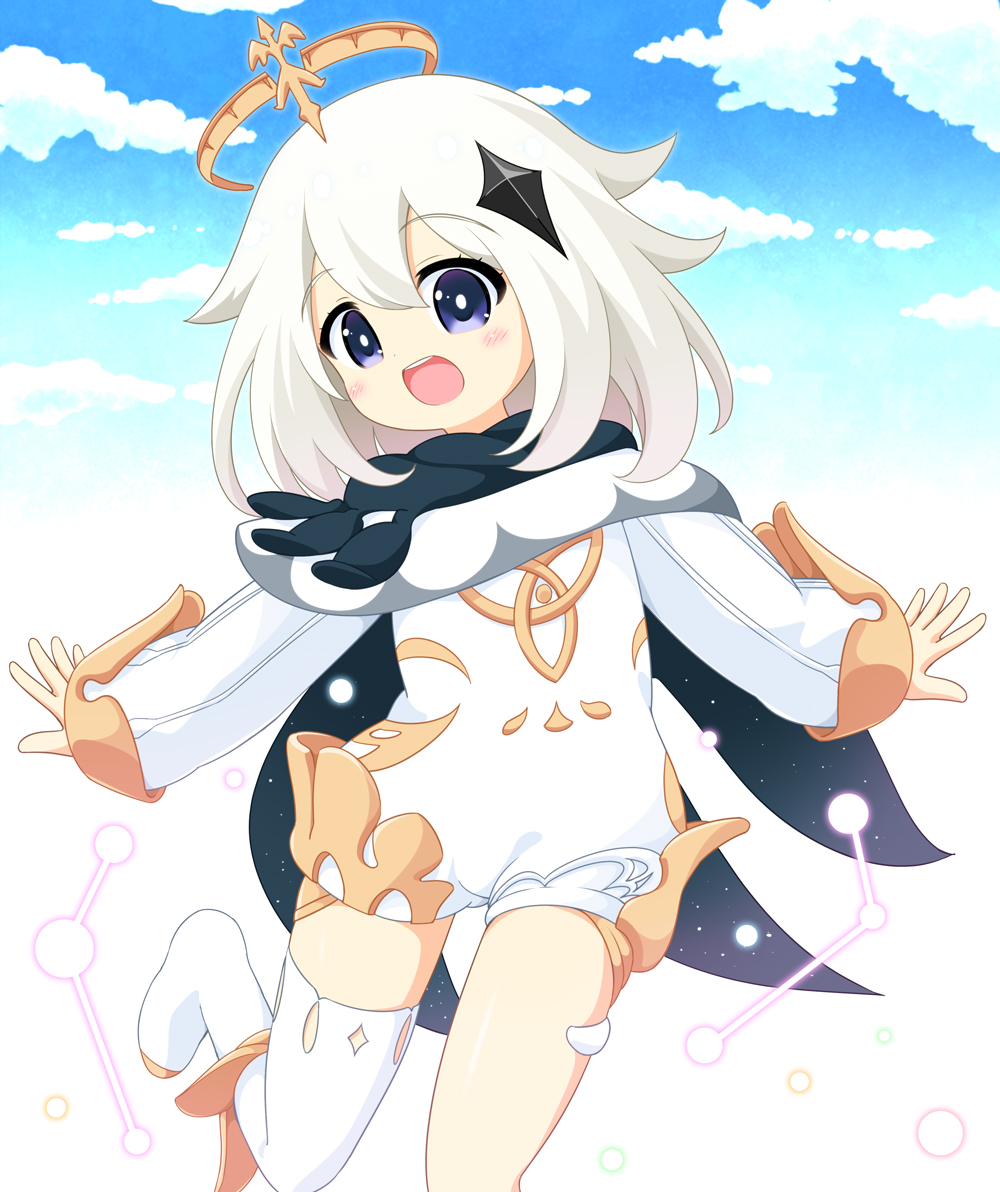 1girl black_cape blue_sky blush cape clouds cloudy_sky day dress genshin_impact hair_ornament halo leg_up long_sleeves looking_at_viewer medium_hair open_mouth outdoors paimon_(genshin_impact) pila-pela single_thighhigh sky solo starry_sky_print teeth thigh-highs upper_teeth_only white_dress white_hair white_thighhighs