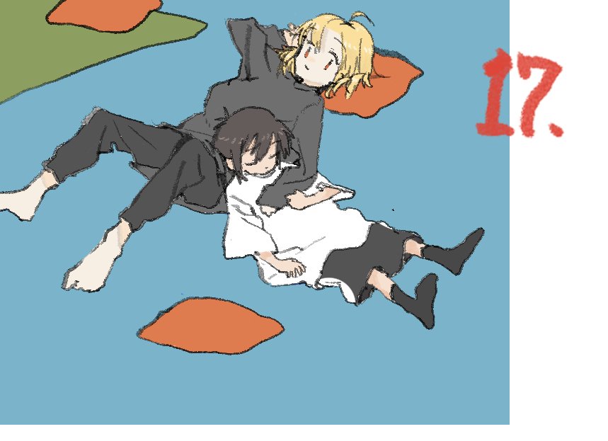 2girls a_channel ahoge alternate_costume bangs_pinned_back barefoot black_hair black_pants black_shirt black_shorts black_socks blonde_hair blue_background border closed_eyes closed_mouth cushion full_body funao_oekaki hand_on_another's_chest hand_up head_on_pillow ichii_tooru knees_up looking_at_another lying momoki_run multiple_girls no_shoes on_back pants shirt short_hair short_sleeves shorts sleeping sleeping_on_person smile socks white_border white_shirt