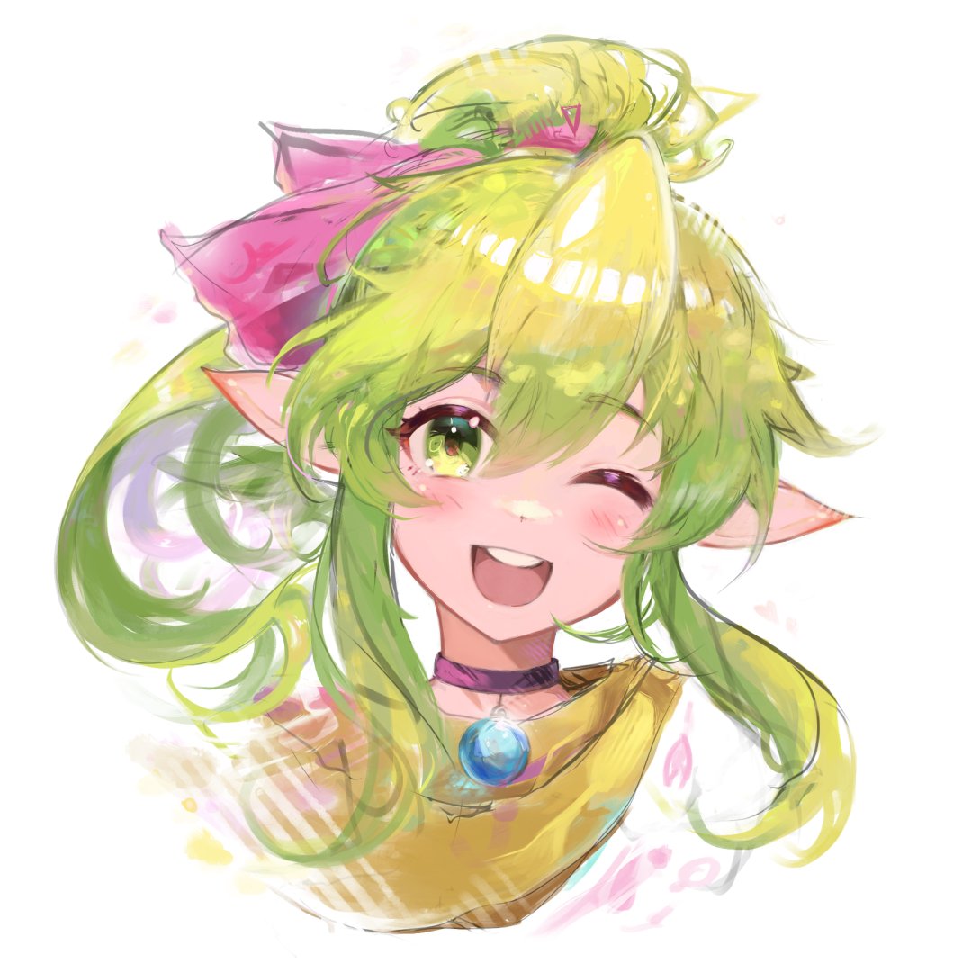 1girl ;d black_choker choker commission cropped_torso english_commentary fire_emblem fire_emblem:_mystery_of_the_emblem green_eyes green_hair hair_between_eyes hair_ribbon long_hair one_eye_closed open_mouth pink_ribbon pointy_ears ponytail ribbon seerdraws sidelocks smile solo teeth tiki_(fire_emblem) tiki_(young)_(fire_emblem) upper_body upper_teeth_only white_background