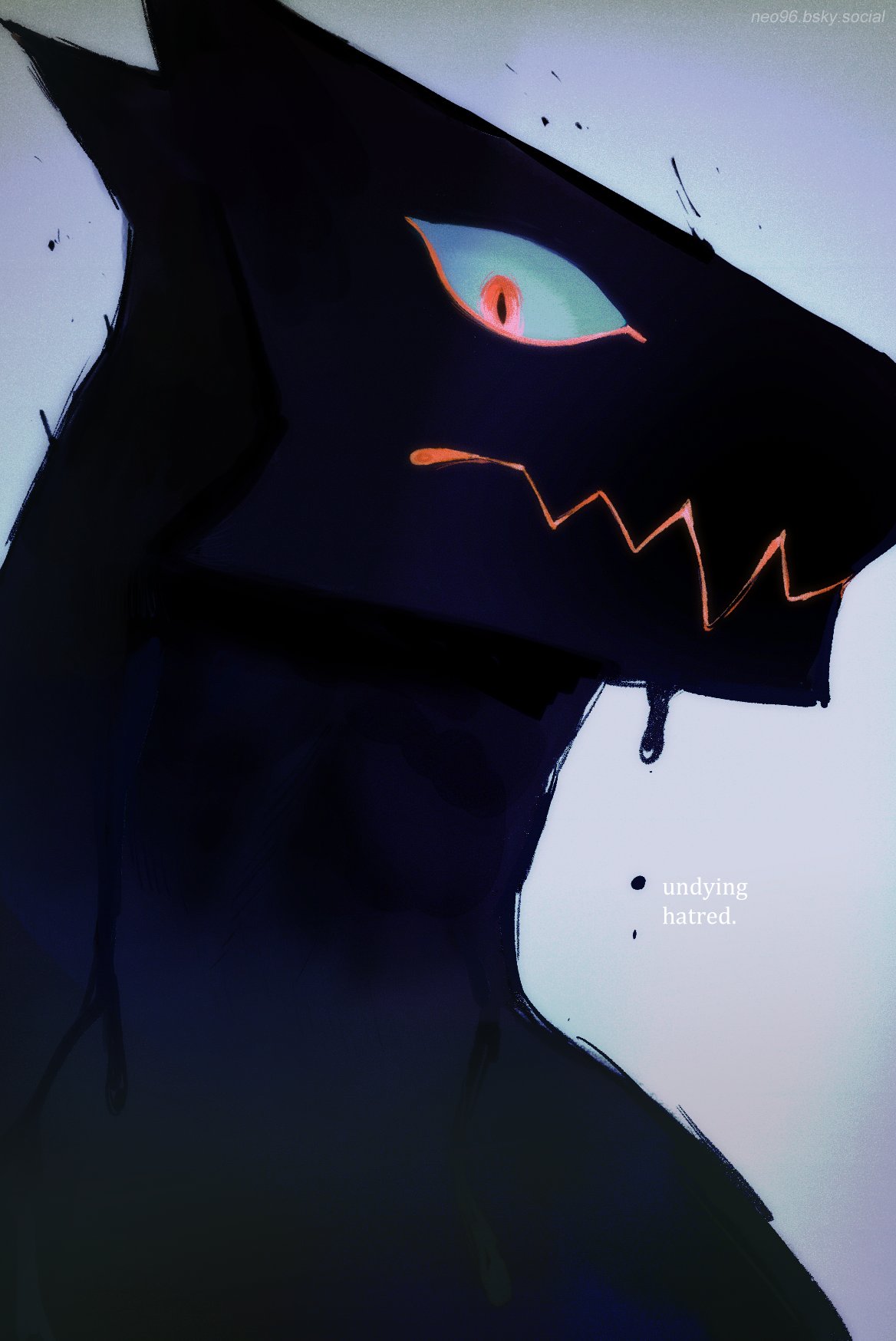1boy black_skin blue_sclera closed_mouth colored_sclera colored_skin english_text furry furry_male grey_background highres looking_at_viewer male_focus original portrait red_eyes solo trina_(pckgmeat)
