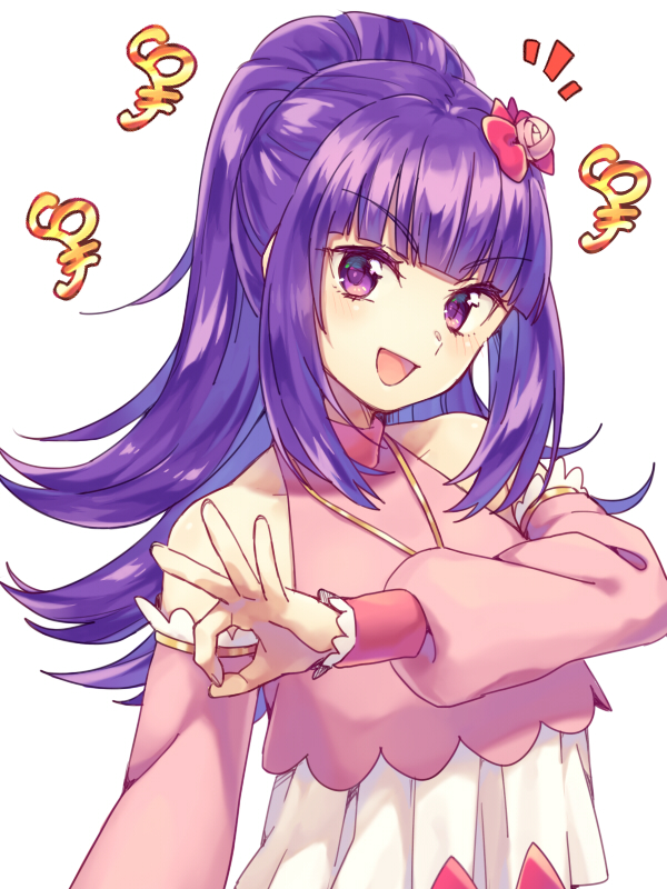1girl :d bad_id bad_pixiv_id blunt_bangs commentary_request detached_sleeves flower hair_flower hair_ornament hanazono_shuka hand_up idol_clothes idol_time_pripara jewelry long_hair long_sleeves looking_at_viewer n_(m_ohkamotoh) necklace notice_lines ok_sign open_mouth pink_shirt ponytail pretty_series pripara purple_hair shirt simple_background smile solo upper_body violet_eyes white_background