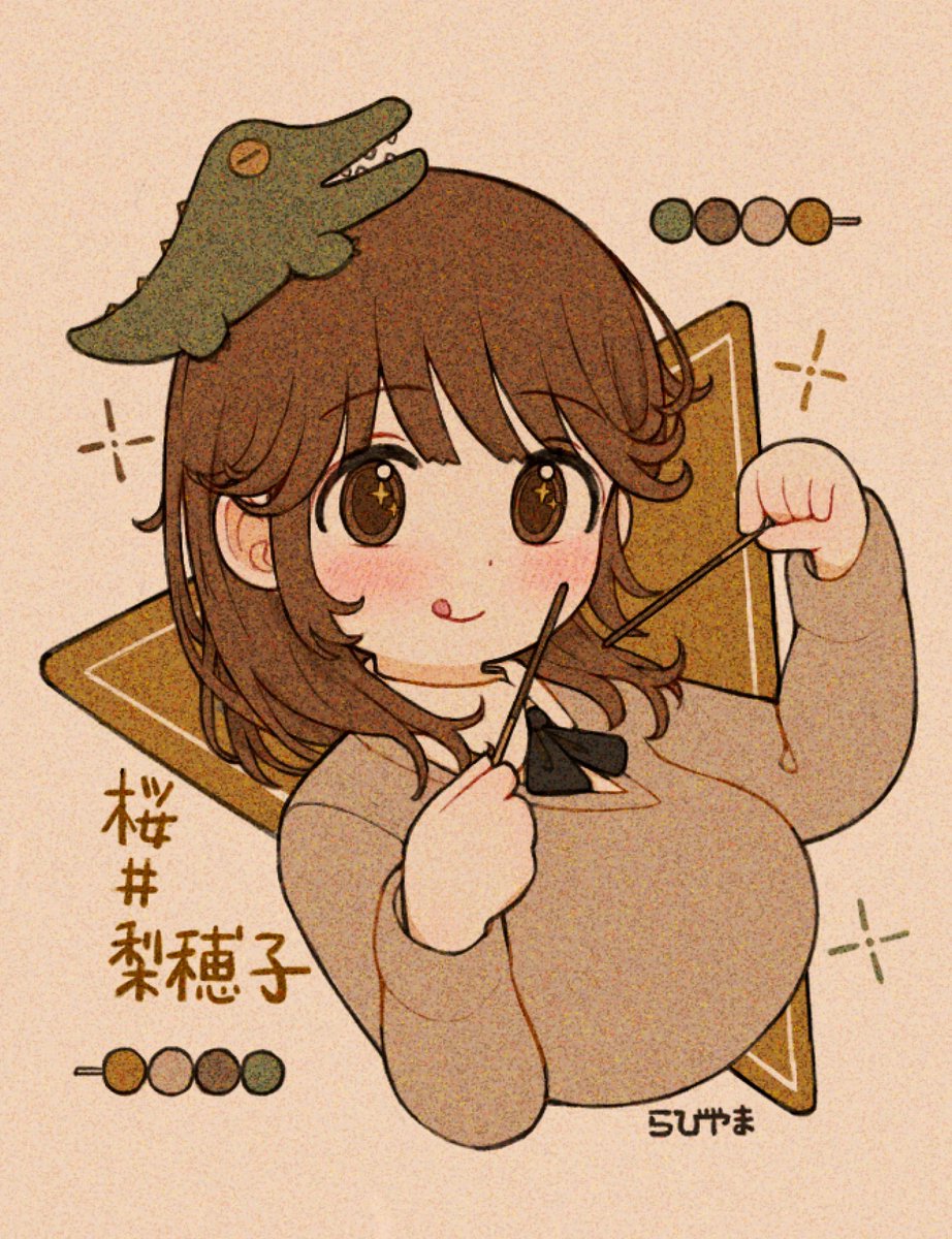 1girl :q amagami animal_on_head artist_name black_bow black_bowtie blouse blush bow bowtie breasts brown_eyes brown_hair brown_sweater closed_mouth collared_shirt crocodile crocodilian cropped_torso crosshair dango film_grain food from_side hair_over_shoulder hands_up highres holding holding_stick kibito_high_school_uniform large_breasts licking_lips long_sleeves looking_at_viewer looking_to_the_side medium_hair on_head rabiyamarabi sakurai_rihoko school_uniform shirt signature smile solo sparkling_eyes stick sweater tongue tongue_out triangle upper_body wagashi white_background white_shirt