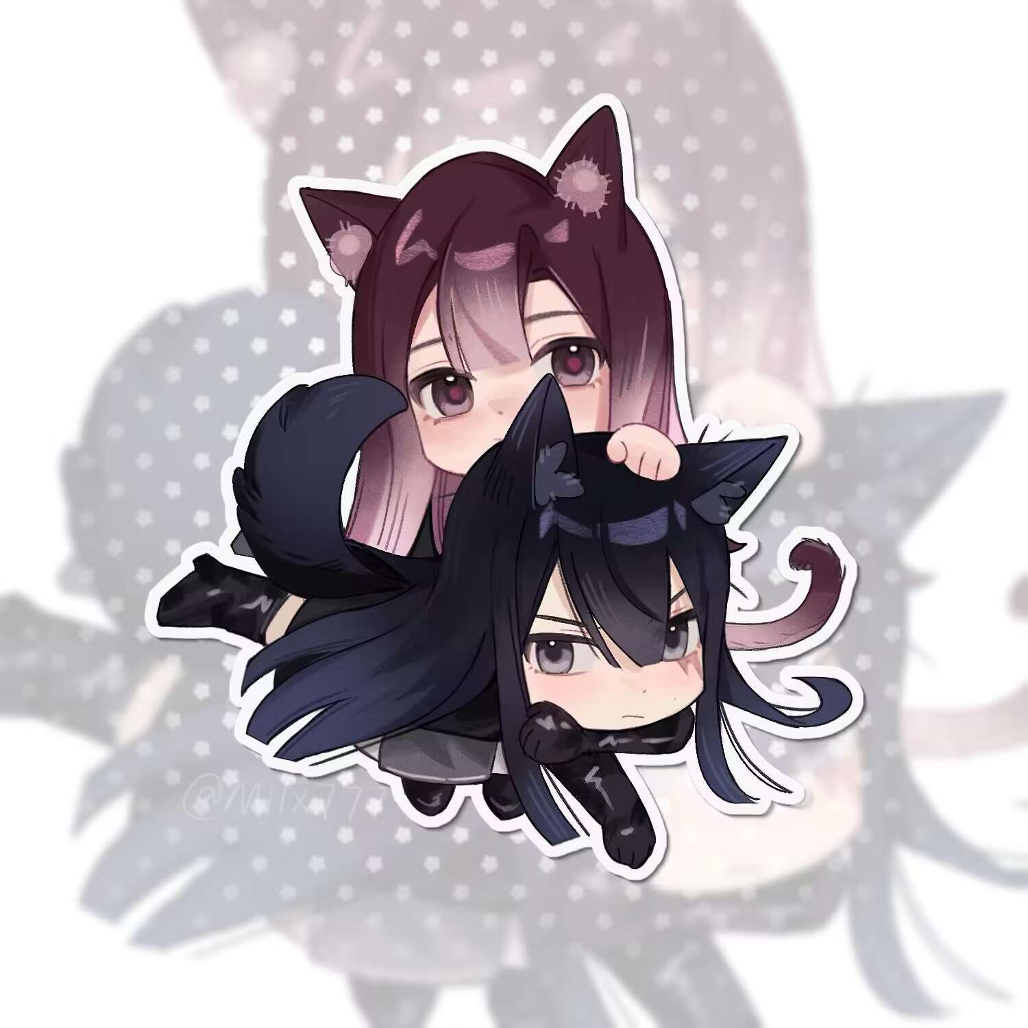 2girls animal_ear_fluff animal_ears black_footwear black_gloves black_hair boots cat_ears cat_girl cat_tail chibi chinese_commentary commentary_request elbow_gloves full_body gloves gradient_hair grey_eyes highres holding_own_arm kemonomimi_mode long_hair looking_at_viewer lying_on_lap miix777 multicolored_hair multiple_girls path_to_nowhere purple_hair rahu_(path_to_nowhere) shalom_(path_to_nowhere) simple_background tail violet_eyes white_background white_hair zoom_layer