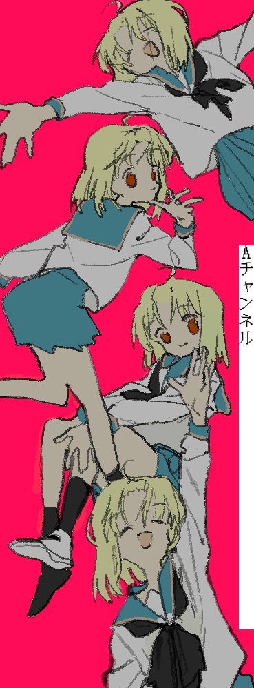1girl \||/ a_channel ahoge arm_up bangs_pinned_back black_neckerchief blonde_hair blue_sailor_collar blue_skirt closed_mouth commentary_request copyright_name facing_viewer finger_to_own_chin funao_oekaki hands_on_own_knees head_tilt leaning_forward long_sleeves looking_at_viewer looking_back medium_hair miniskirt momoki_run multiple_views neckerchief open_mouth outstretched_arms pleated_skirt red_background red_eyes sailor_collar shirt simple_background skirt smile spread_arms translated white_shirt