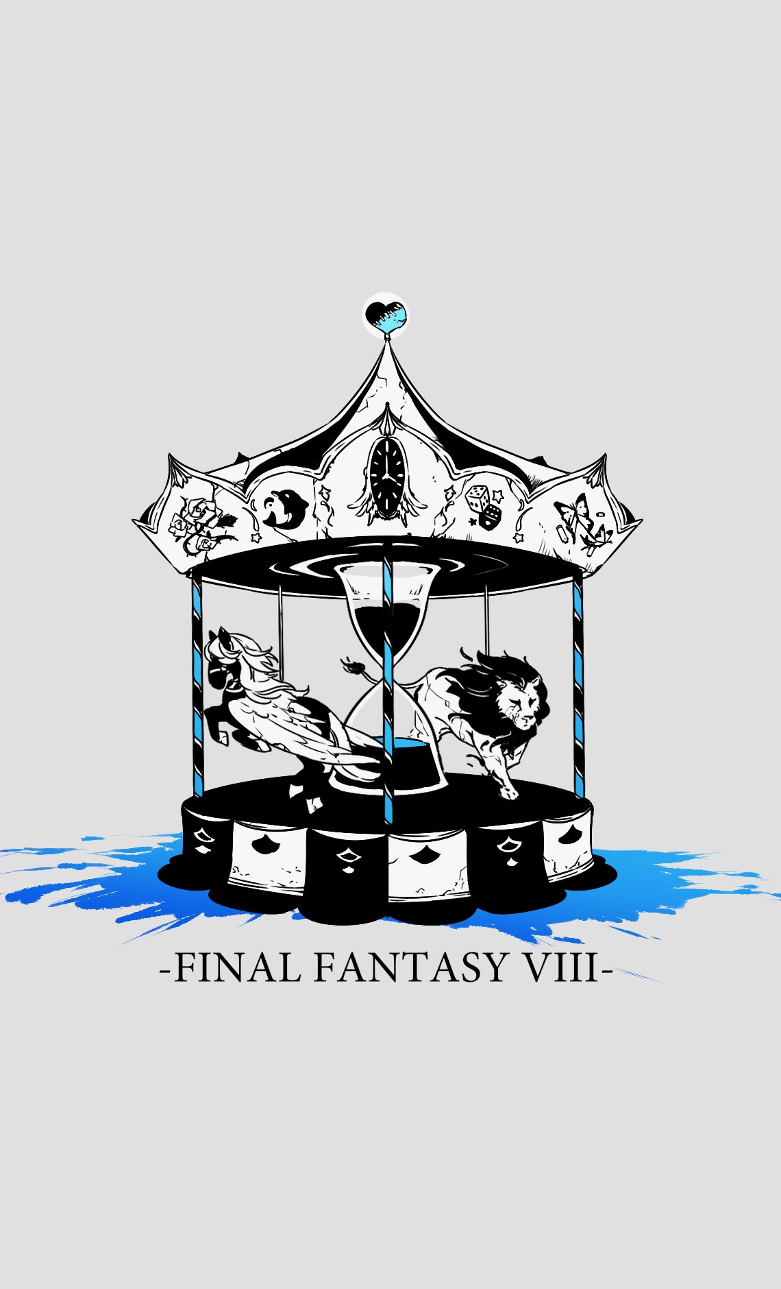 analog_clock animal_focus blue_theme bridle bug butterfly carousel chinese_commentary clock commentary_request copyright_name dice dolphin fermium.ice final_fantasy final_fantasy_viii flower full_body grey_background heart highres hourglass limited_palette lion no_humans pegasus rose running