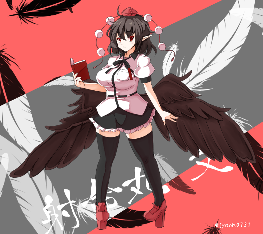 1girl bird_wings black_thighhighs black_wings closed_mouth collared_shirt commentary_request feathers frilled_skirt frills geta grey_background hat jyaoh0731 looking_at_viewer miniskirt pointy_ears pom_pom_(clothes) red_background red_eyes red_footwear shameimaru_aya shirt short_sleeves skirt solo tengu-geta thigh-highs tokin_hat touhou two-tone_background white_shirt wings