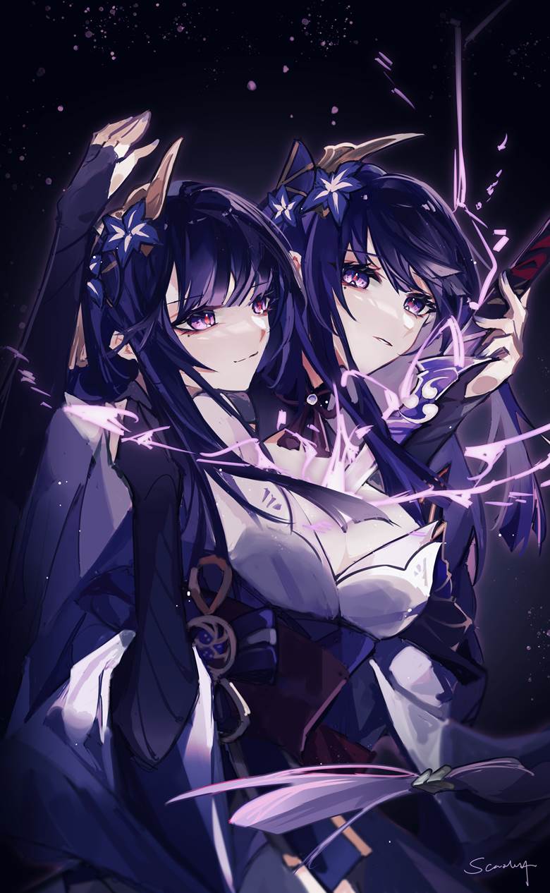 2girls arm_grab arm_up black_background blunt_bangs closed_mouth electricity from_behind genshin_impact hair_ornament hand_up highres japanese_clothes light_smile long_hair looking_at_viewer looking_to_the_side mitsudomoe_(shape) mole mole_under_eye multiple_girls non-web_source purple_hair purple_nails raiden_shogun scarlett_(artist) signature standing tomoe_(symbol) violet_eyes weapon