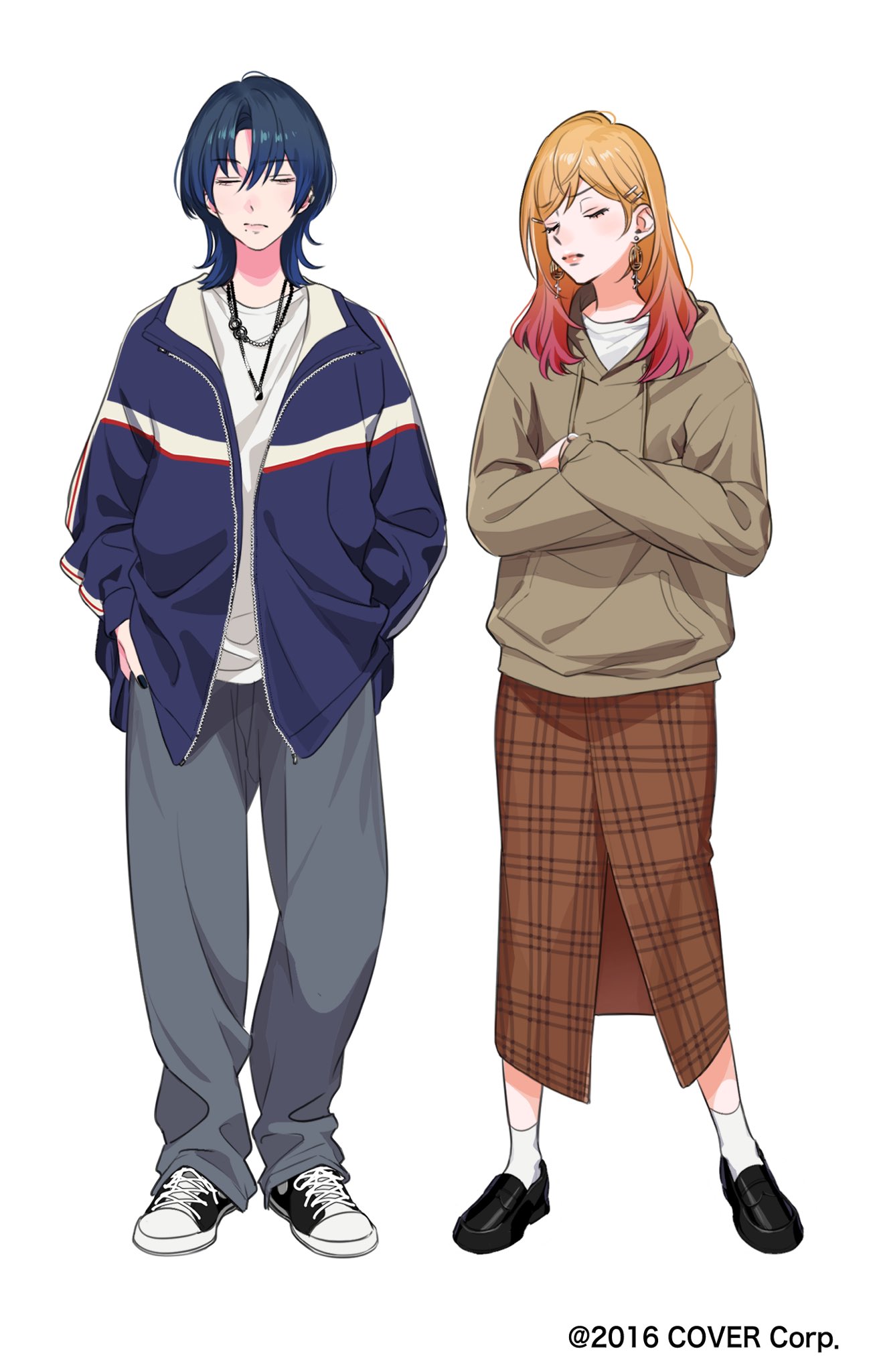2girls alternate_costume black_footwear blue_hair blue_jacket brown_hoodie brown_skirt closed_eyes closed_mouth converse copyright_notice crossed_arms denim earclip earrings front_slit full_body gradient_hair hair_ornament hairclip hands_in_pockets highres hiodoshi_ao hololive hololive_dev_is hood hoodie ichijou_ririka jacket jeans jewelry loafers long_hair long_skirt medium_hair mole mole_under_mouth multicolored_hair multiple_girls multiple_necklaces official_art orange_hair oversized_clothes pants pink_hair plaid plaid_skirt shirt shoes simple_background skirt sneakers socks standing straight-on swept_bangs ut_66 virtual_youtuber watch watch white_background white_shirt white_socks