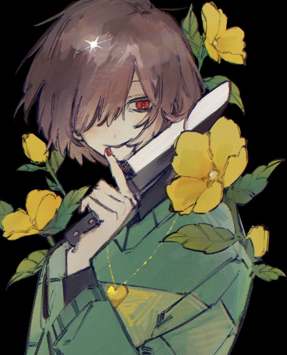 1other brown_hair chara_(undertale) commentary flower hair_over_one_eye holding holding_knife jewelry knife long_sleeves nail_polish necklace red_eyes short_hair smile solo sweater takenaka_(takenaka1111) undertale upper_body